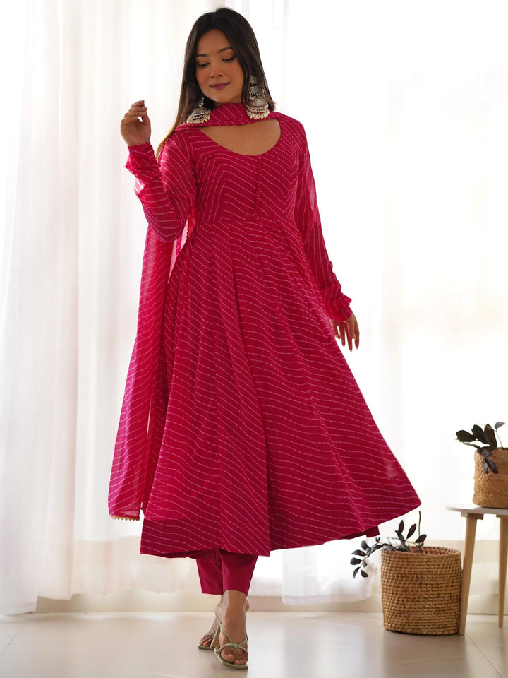 Stunning Pink Laheriya Printed Georgette Event Wear Anarkali Suit