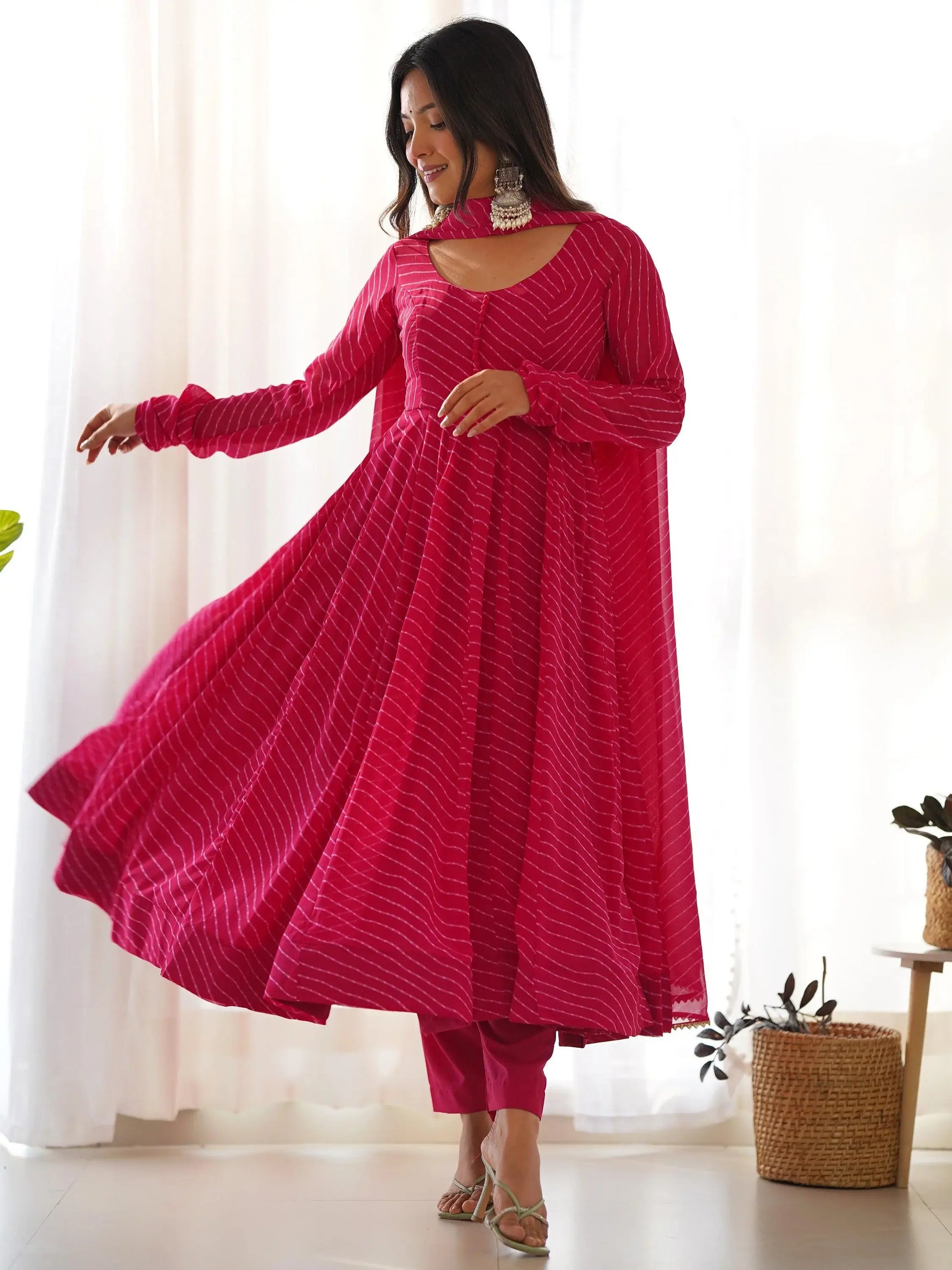 Stunning Pink Laheriya Printed Georgette Event Wear Anarkali Suit - Zeel Clothing