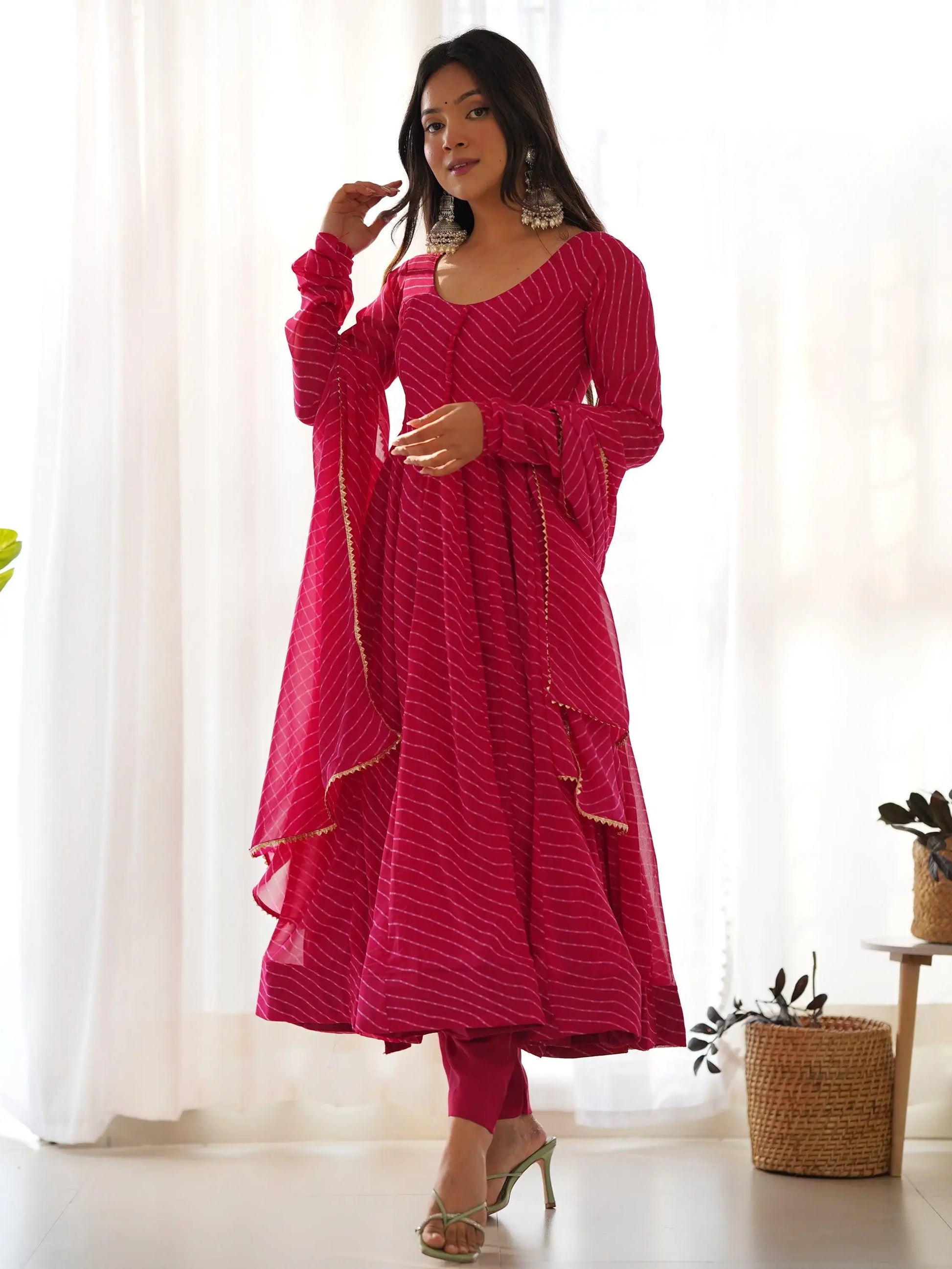 Stunning Pink Laheriya Printed Georgette Event Wear Anarkali Suit - Zeel Clothing