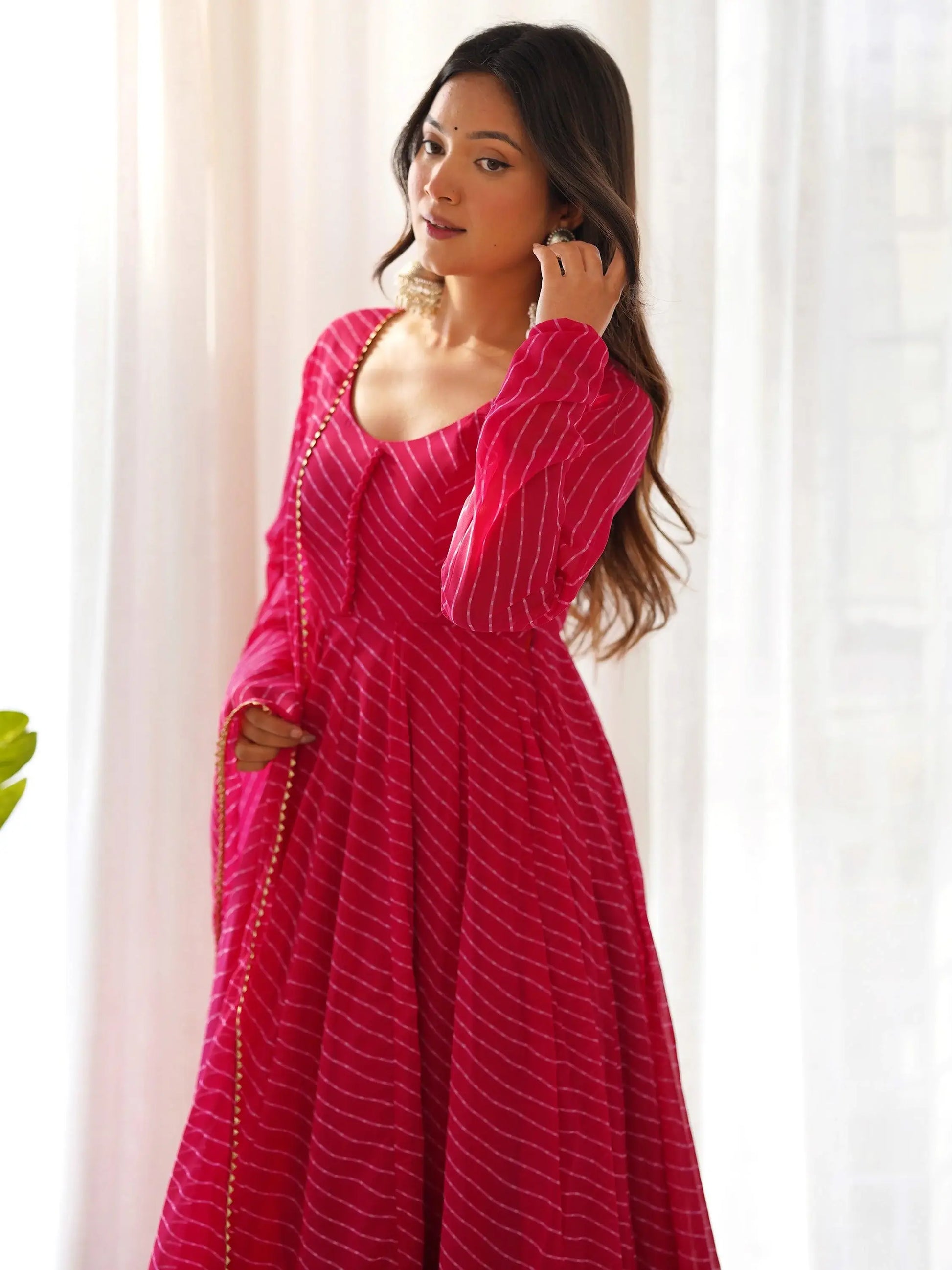Stunning Pink Laheriya Printed Georgette Event Wear Anarkali Suit - Zeel Clothing