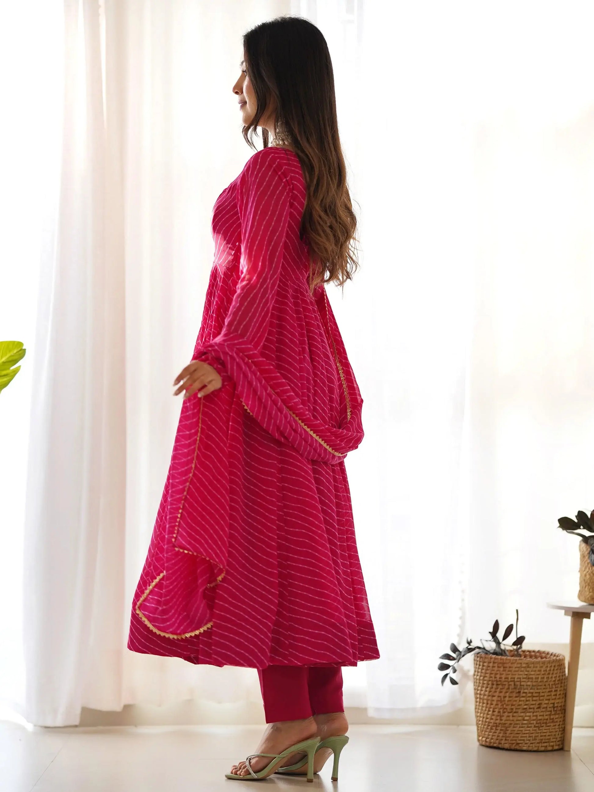 Stunning Pink Laheriya Printed Georgette Event Wear Anarkali Suit - Zeel Clothing