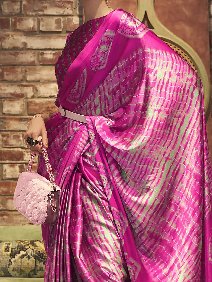 Stunning Pink Printed Satin Festival Wear Saree With Blouse - Zeel Clothing