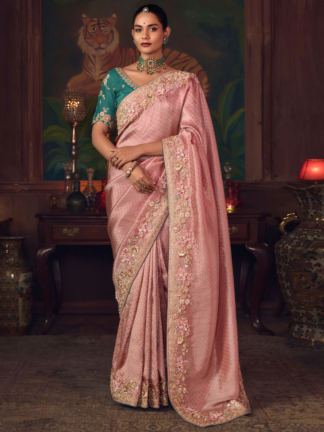 Stunning Pink Sequins Embroidery Silk Evening Wear Saree With Blouse