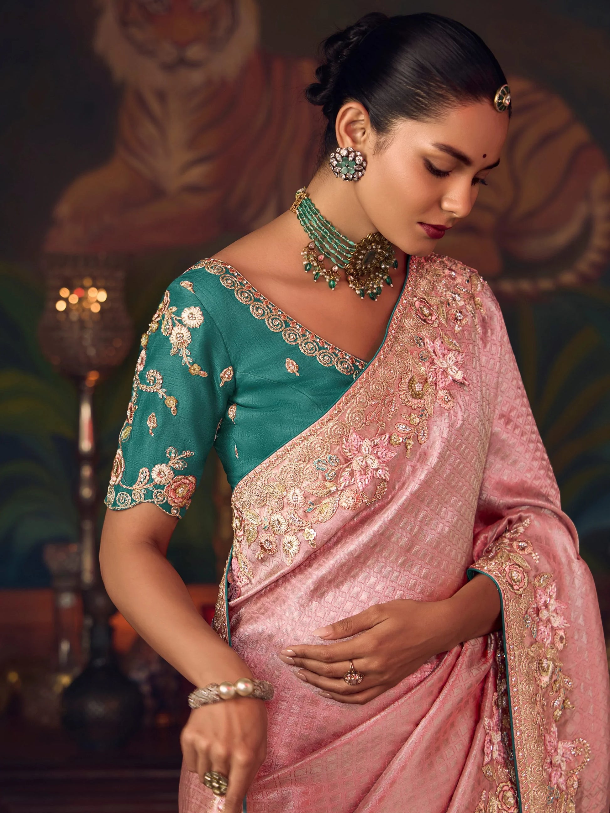 Stunning Pink Sequins Embroidery Silk Evening Wear Saree With Blouse