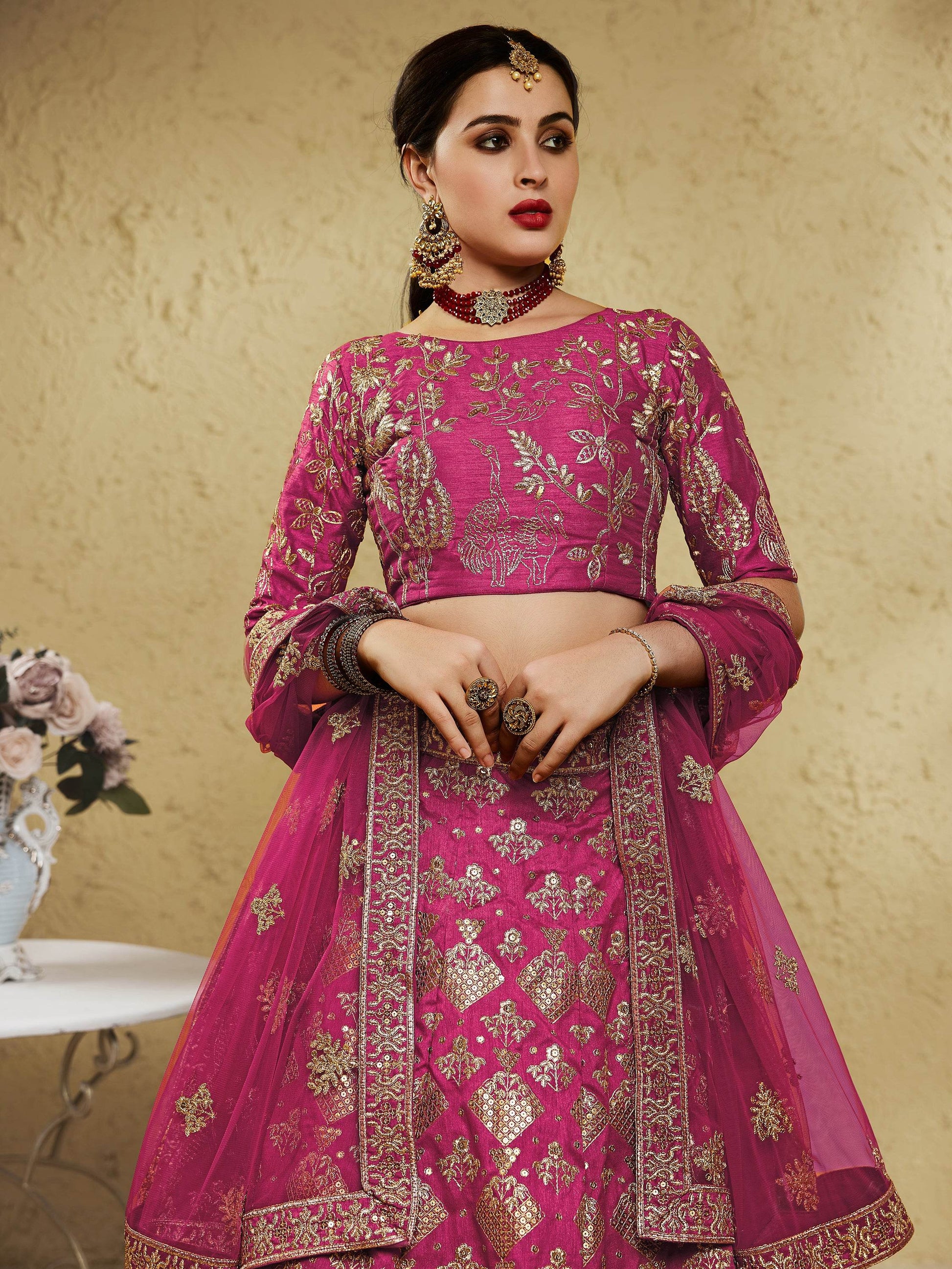 Stunning Pink Thread Embroidered Slub Silk Wedding Wear Lehenga Choli - Zeel Clothing