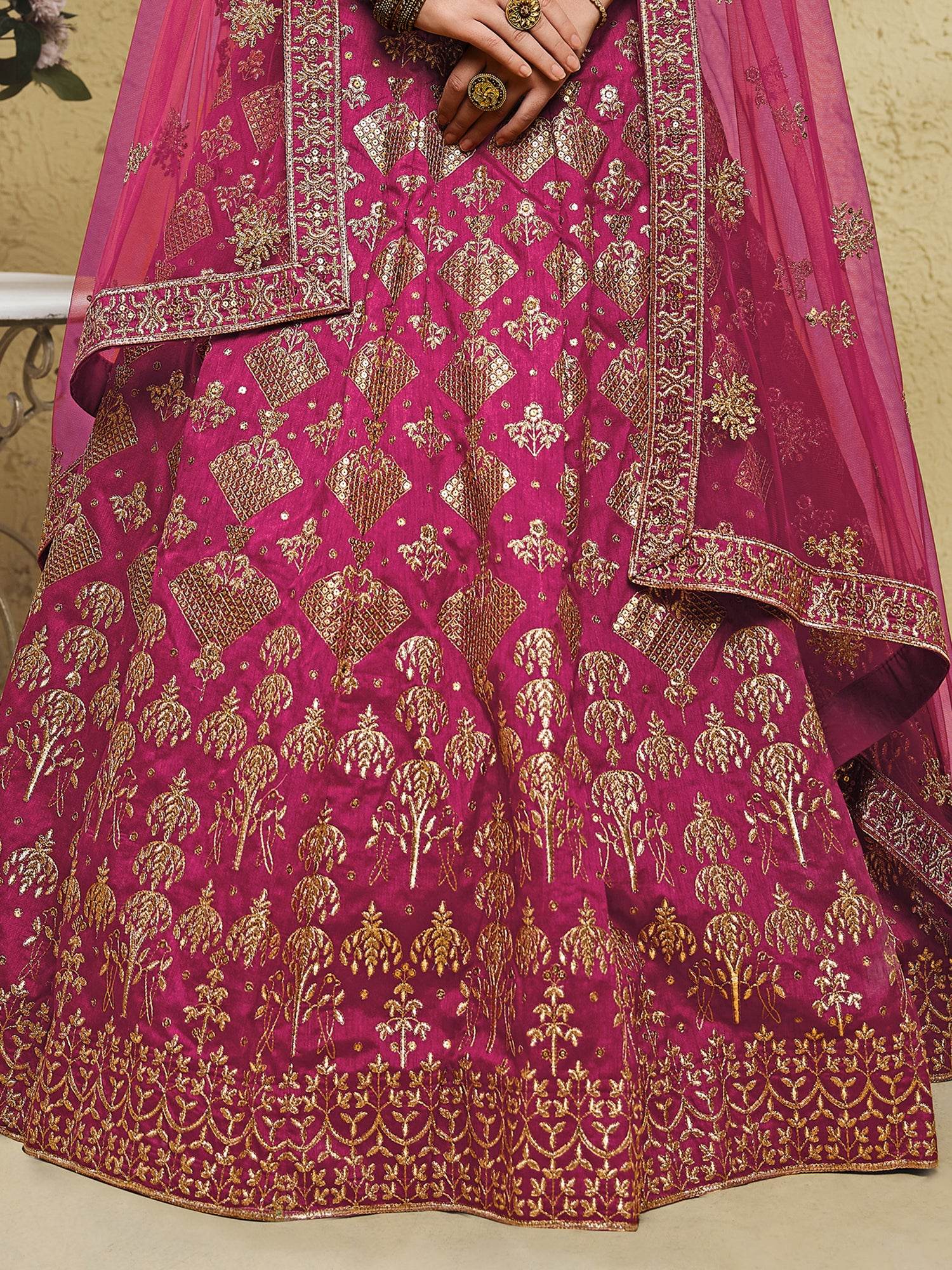 Stunning Pink Thread Embroidered Slub Silk Wedding Wear Lehenga Choli - Zeel Clothing