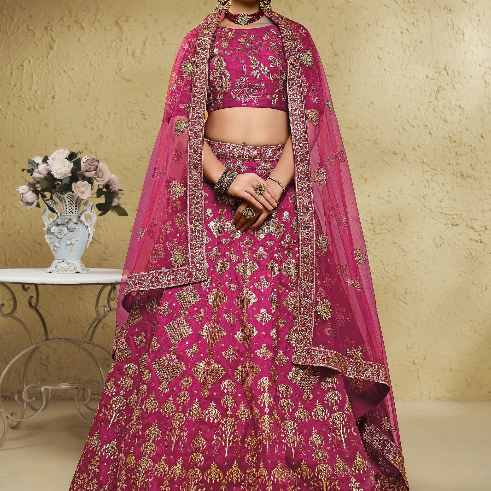 Stunning Pink Thread Embroidered Slub Silk Wedding Wear Lehenga Choli - Zeel Clothing