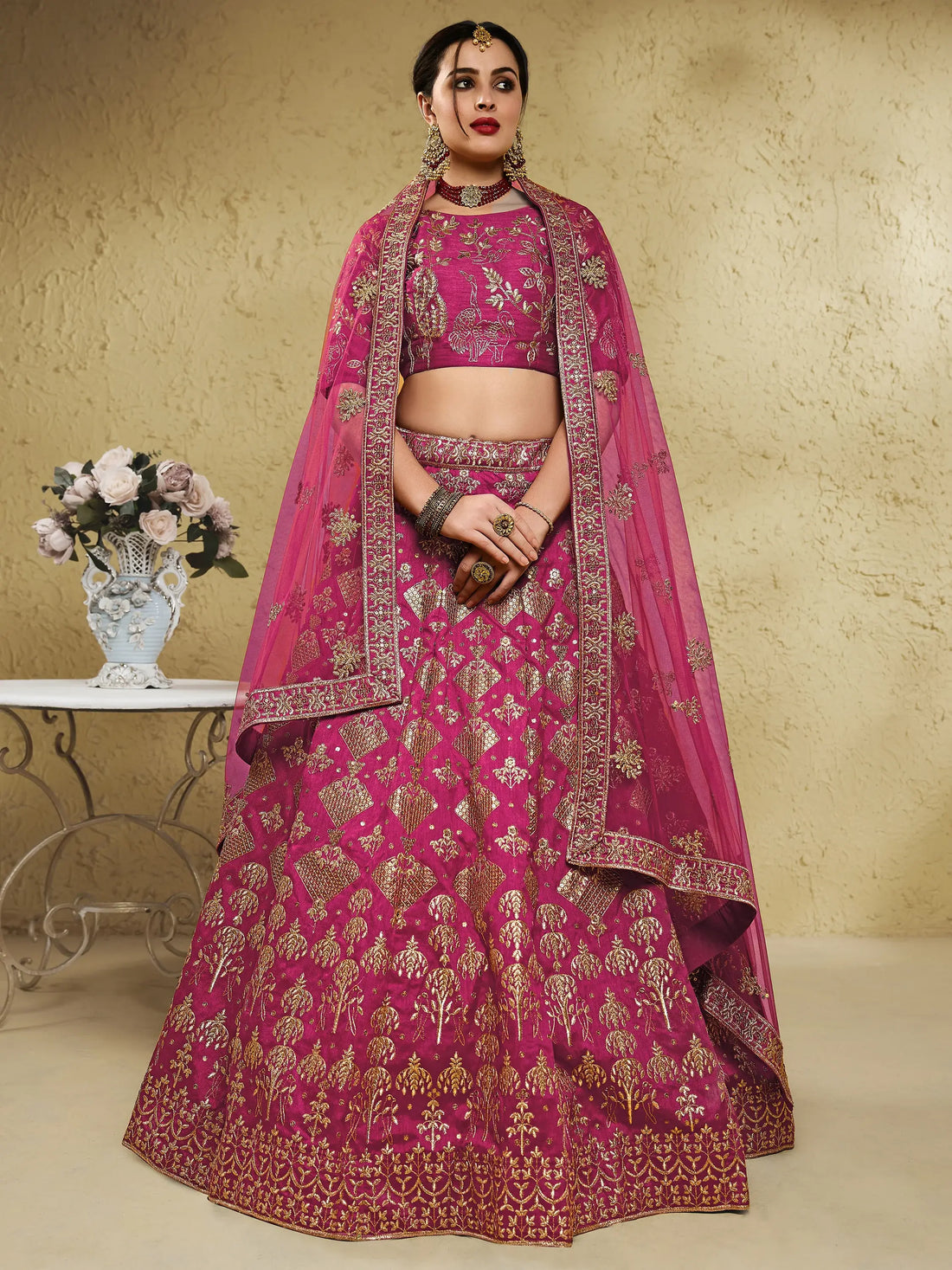 Stunning Pink Thread Embroidered Slub Silk Wedding Wear Lehenga Choli - Zeel Clothing