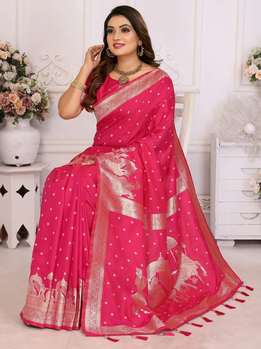 Stunning Pink Zari Weaving Kochi Silk Evening Wear Saree With Blouse - Zeel Clothing