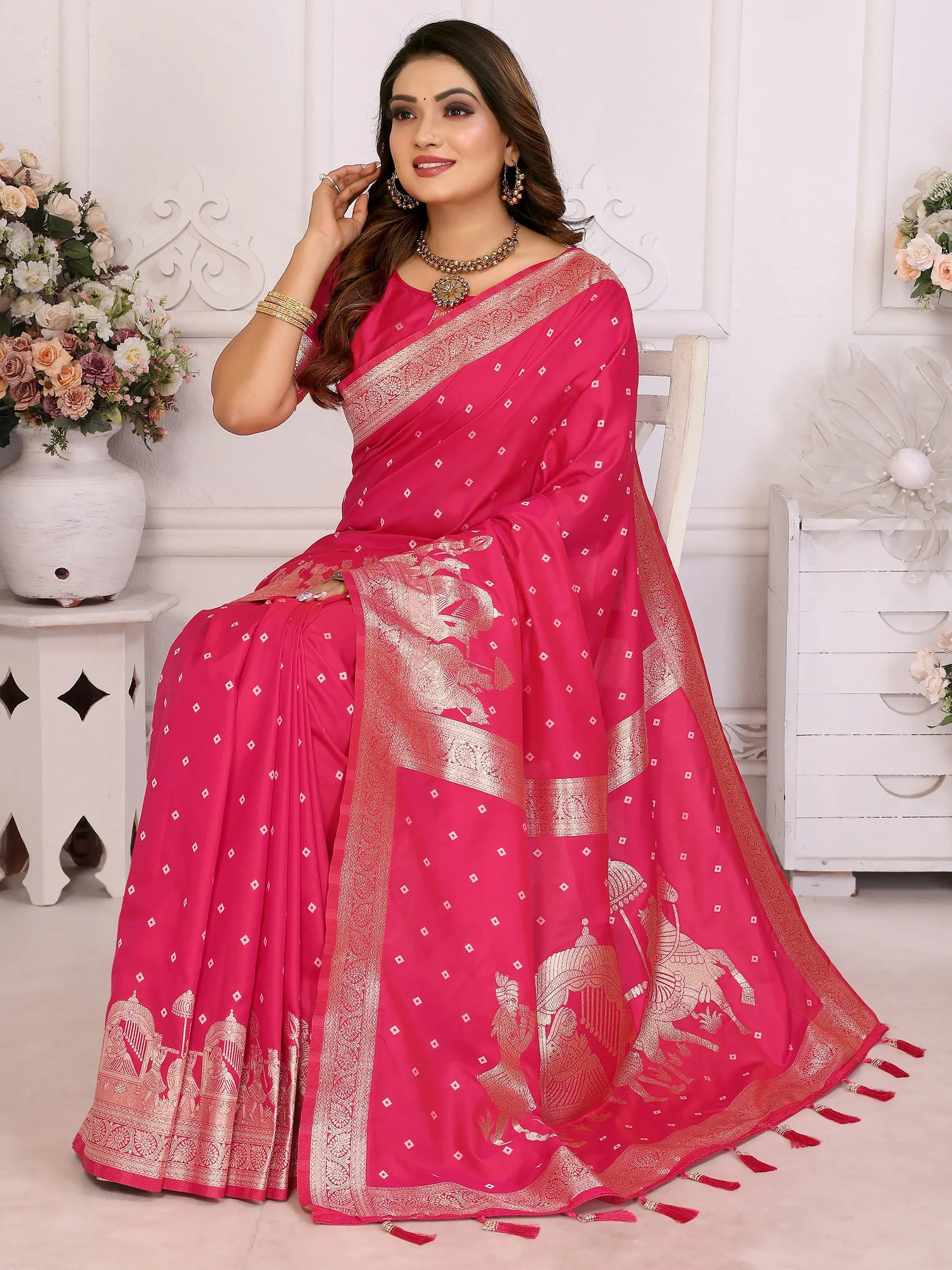 Stunning Pink Zari Weaving Kochi Silk Evening Wear Saree With Blouse - Zeel Clothing