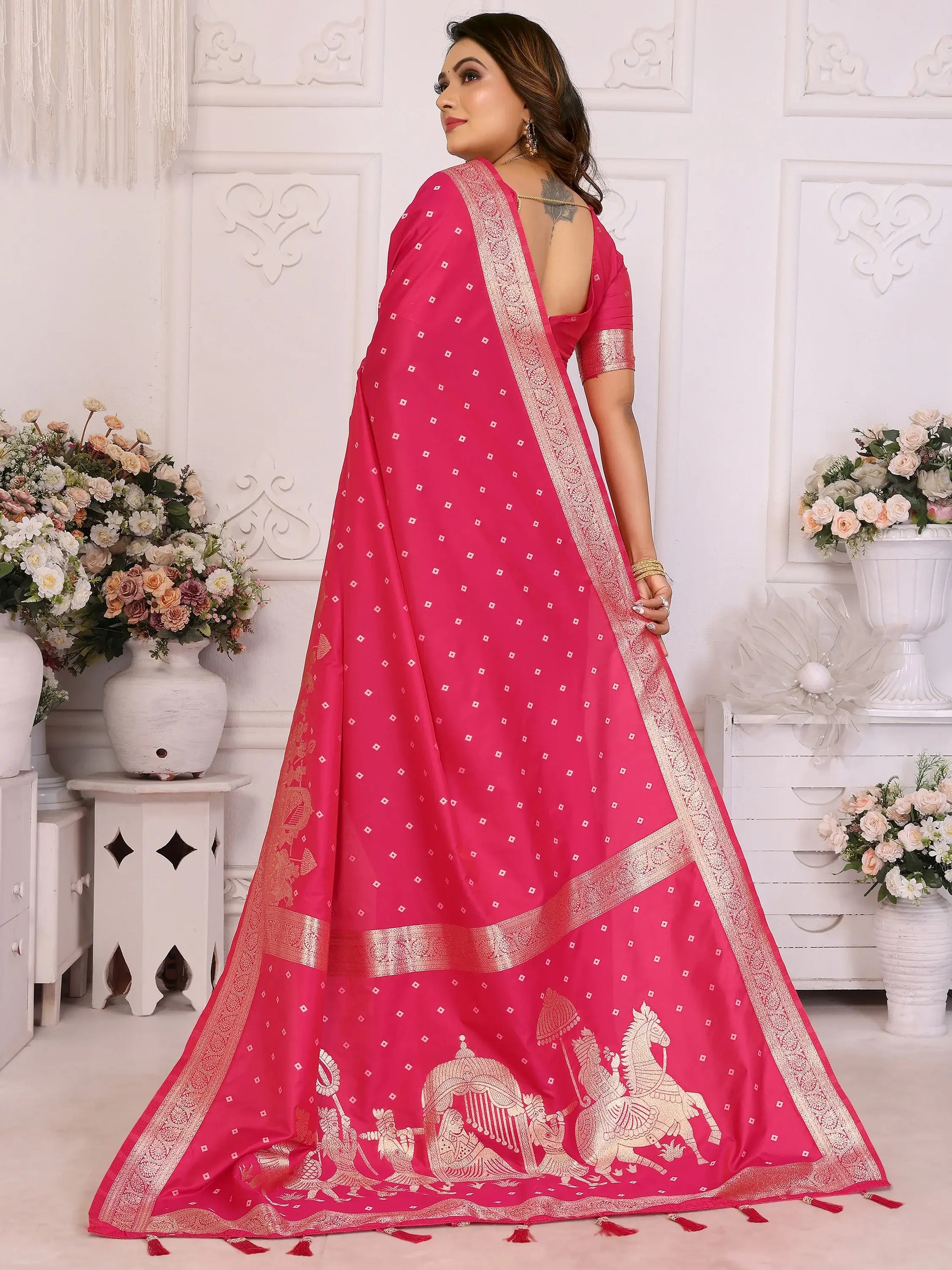 Stunning Pink Zari Weaving Kochi Silk Evening Wear Saree With Blouse - Zeel Clothing