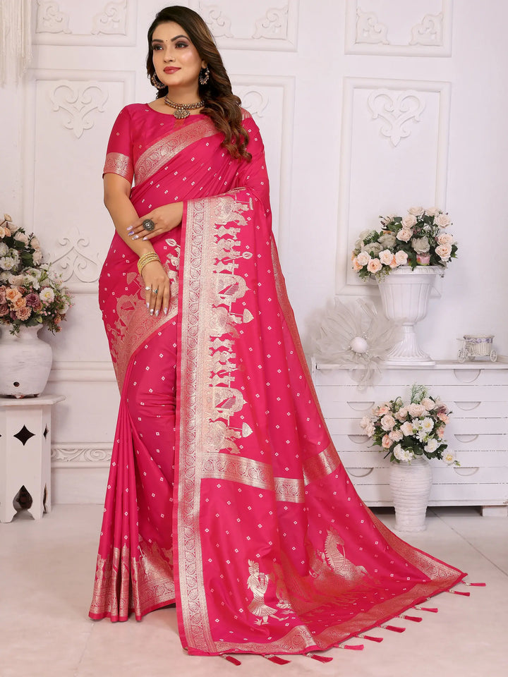 Stunning Pink Zari Weaving Kochi Silk Evening Wear Saree With Blouse - Zeel Clothing
