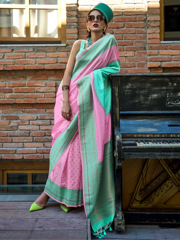Stunning Pink Zari Weaving Silk Event Wear Saree With Blouse - Zeel Clothing
