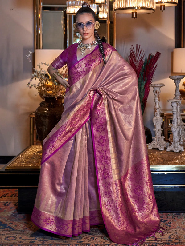 Stunning Pink Zari Weaving Tissue Silk Festival Wear Saree With Blouse - Zeel Clothing