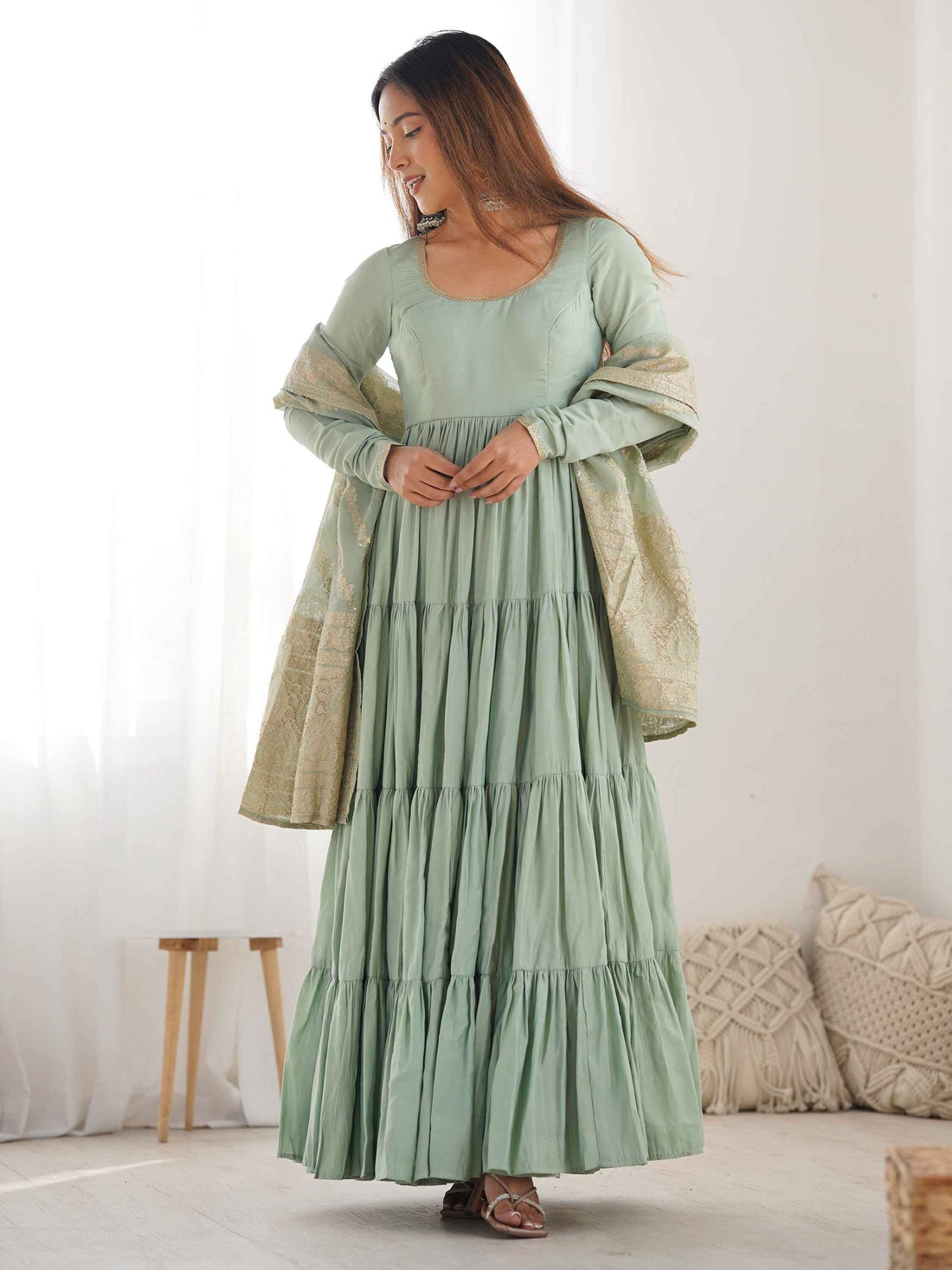 Stunning Pista Green Anarkali Suit With Banarasi Silk Dupatta - Zeel Clothing