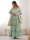 Stunning Pista Green Anarkali Suit With Banarasi Silk Dupatta - Zeel Clothing