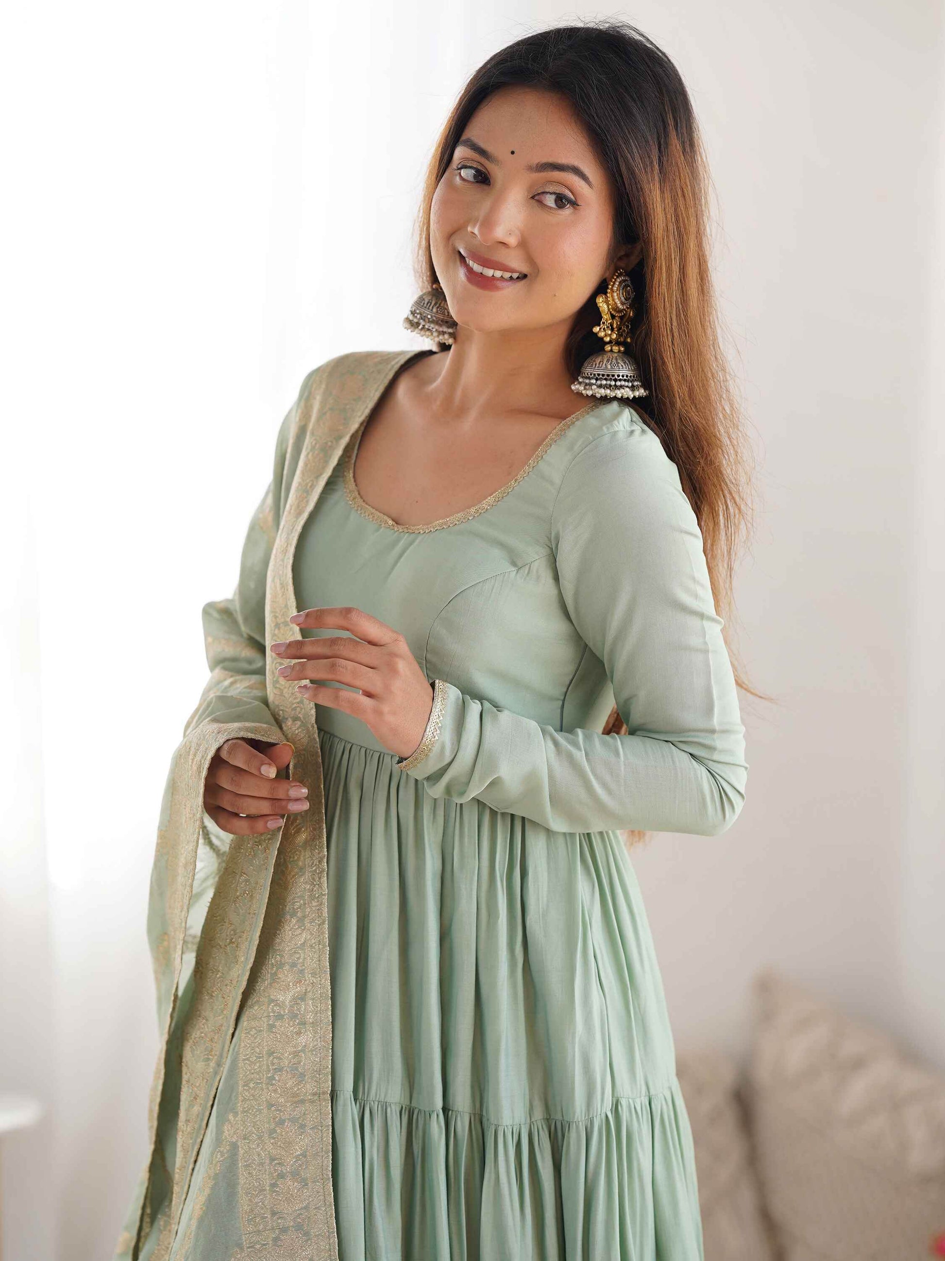 Stunning Pista Green Anarkali Suit With Banarasi Silk Dupatta - Zeel Clothing