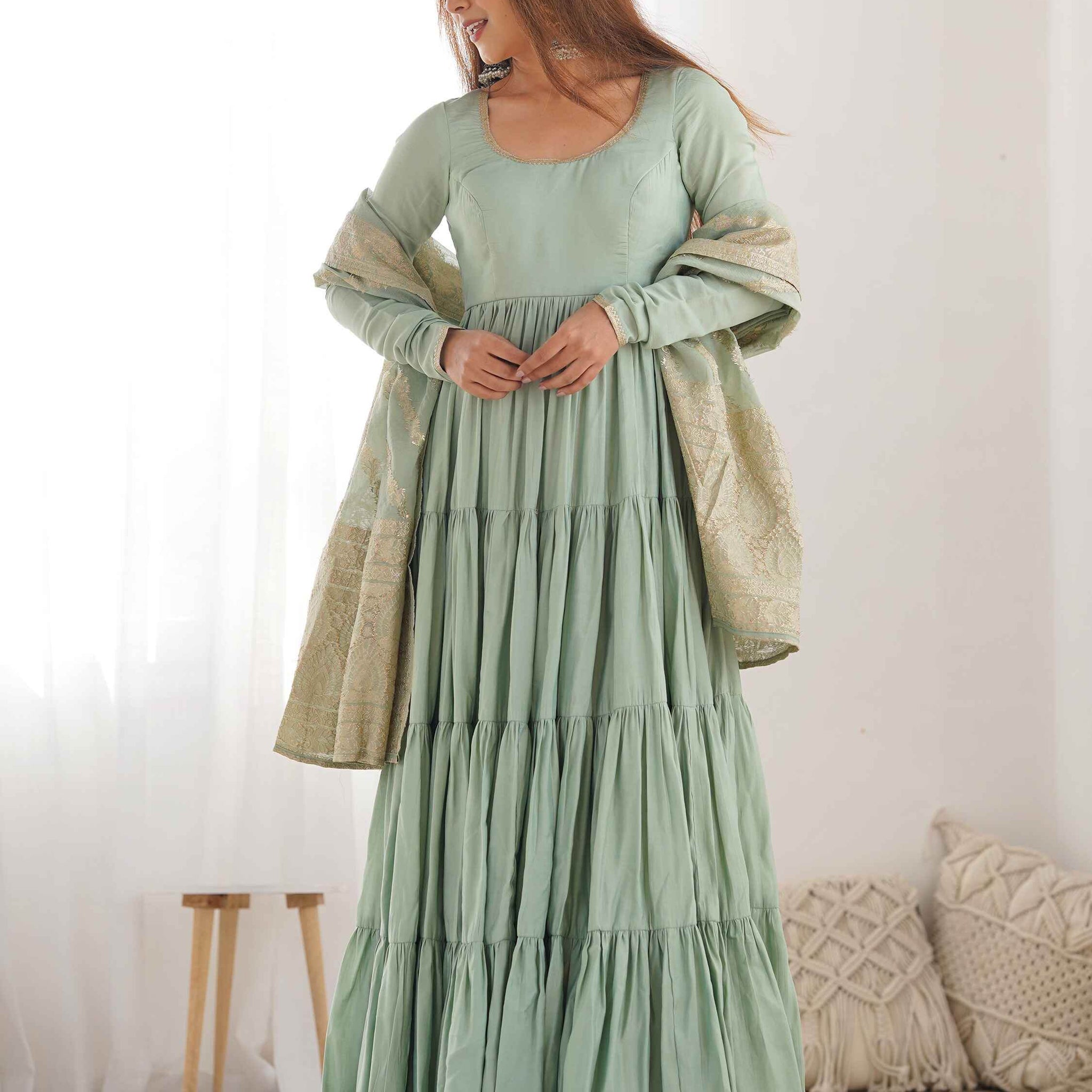 Stunning Pista Green Anarkali Suit With Banarasi Silk Dupatta - Zeel Clothing