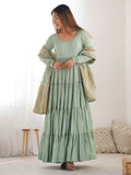 Stunning Pista Green Anarkali Suit With Banarasi Silk Dupatta - Zeel Clothing