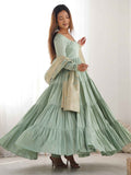 Stunning Pista Green Anarkali Suit With Banarasi Silk Dupatta - Zeel Clothing