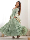 Stunning Pista Green Anarkali Suit With Banarasi Silk Dupatta - Zeel Clothing