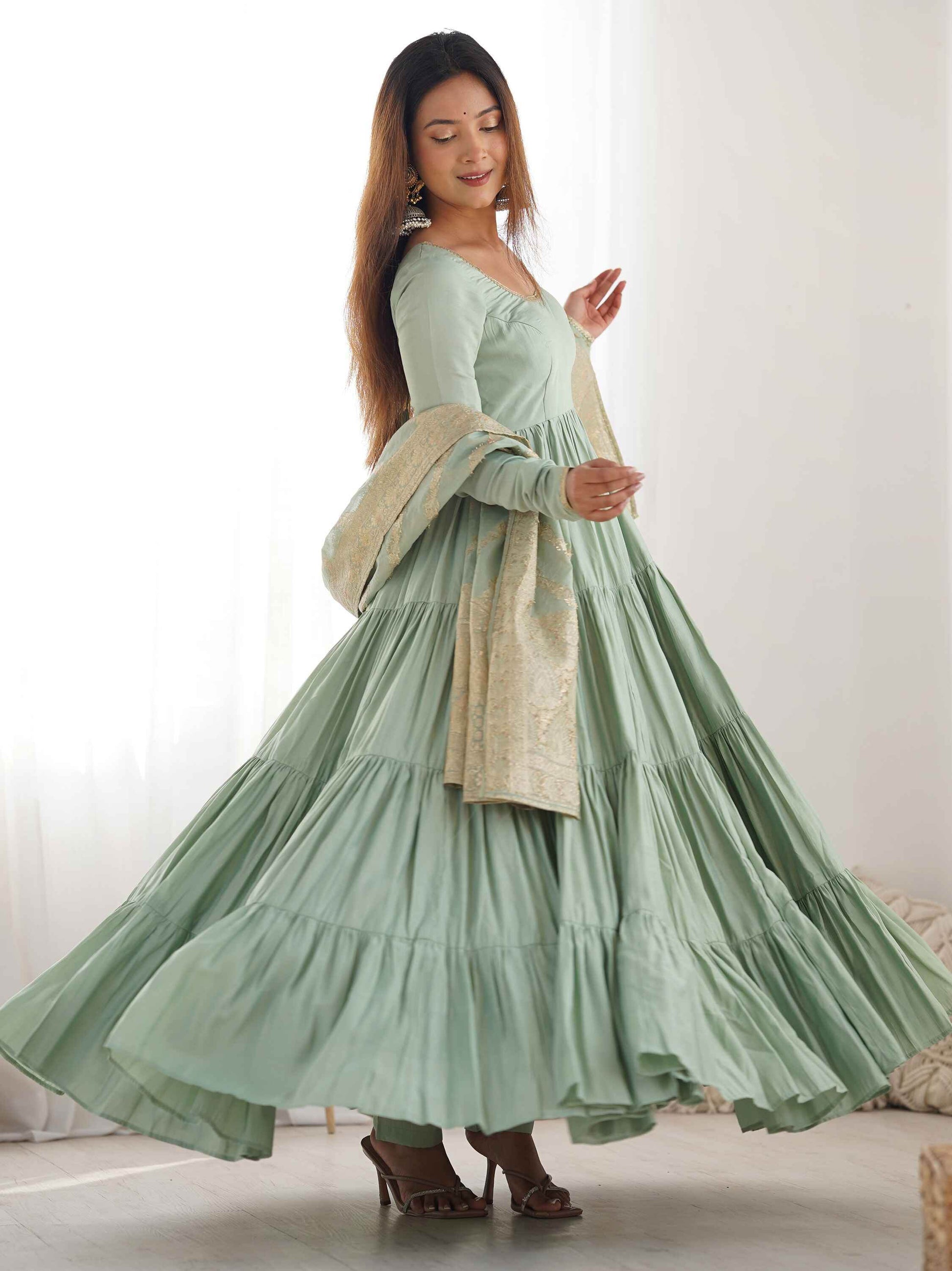 Stunning Pista Green Anarkali Suit With Banarasi Silk Dupatta - Zeel Clothing