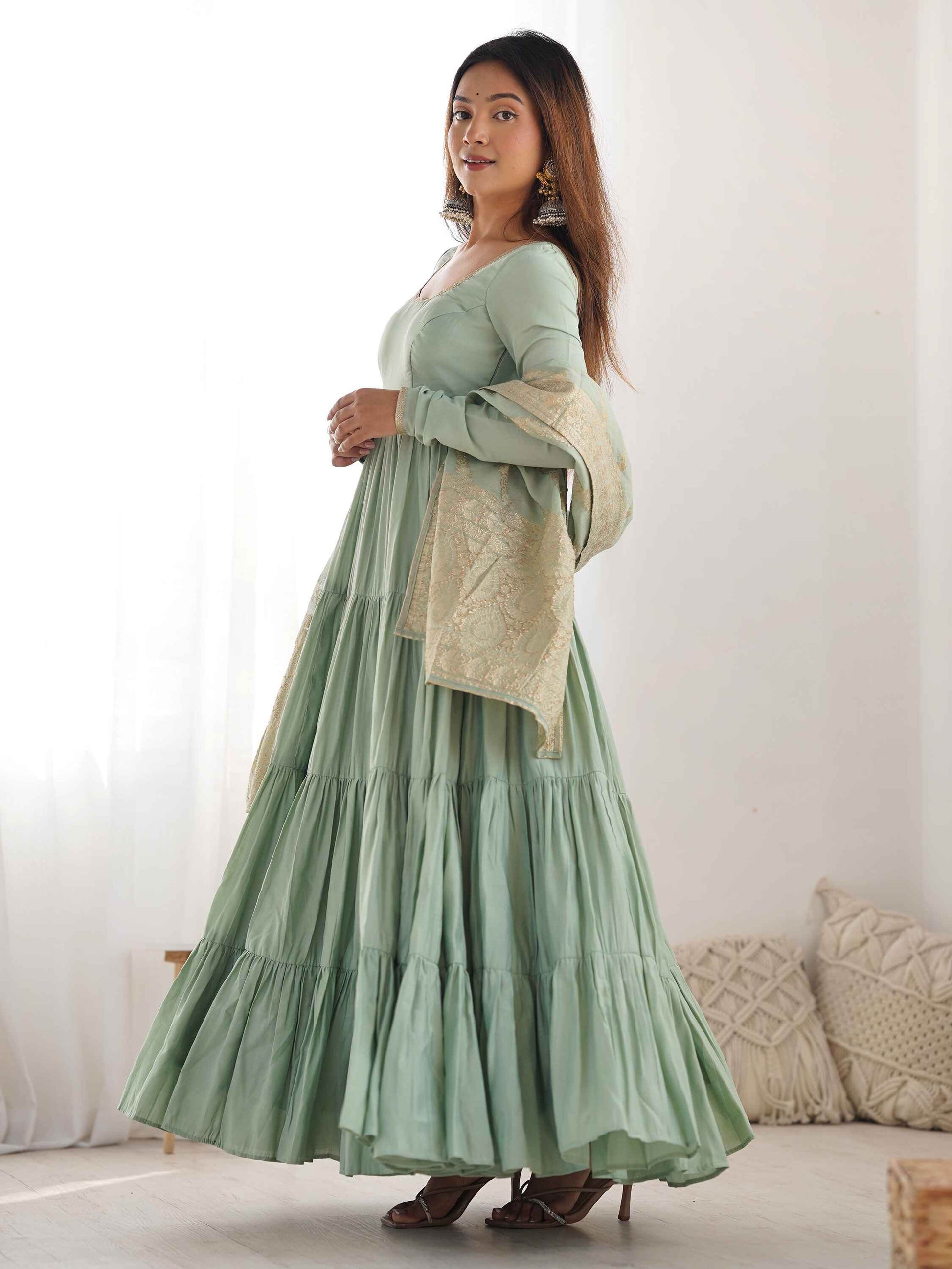 Stunning Pista Green Anarkali Suit With Banarasi Silk Dupatta - Zeel Clothing