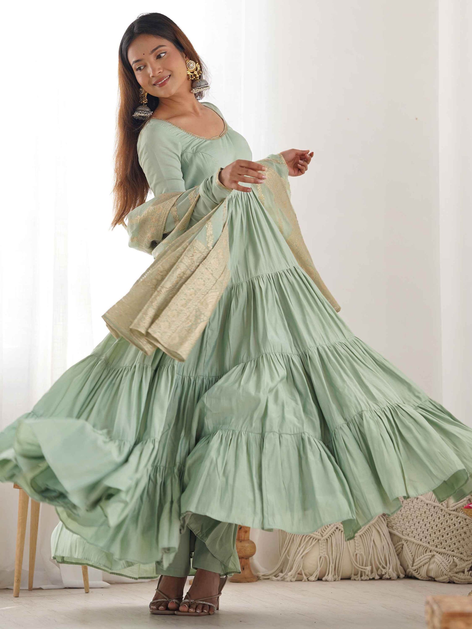Stunning Pista Green Anarkali Suit With Banarasi Silk Dupatta - Zeel Clothing