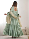 Stunning Pista Green Anarkali Suit With Banarasi Silk Dupatta - Zeel Clothing