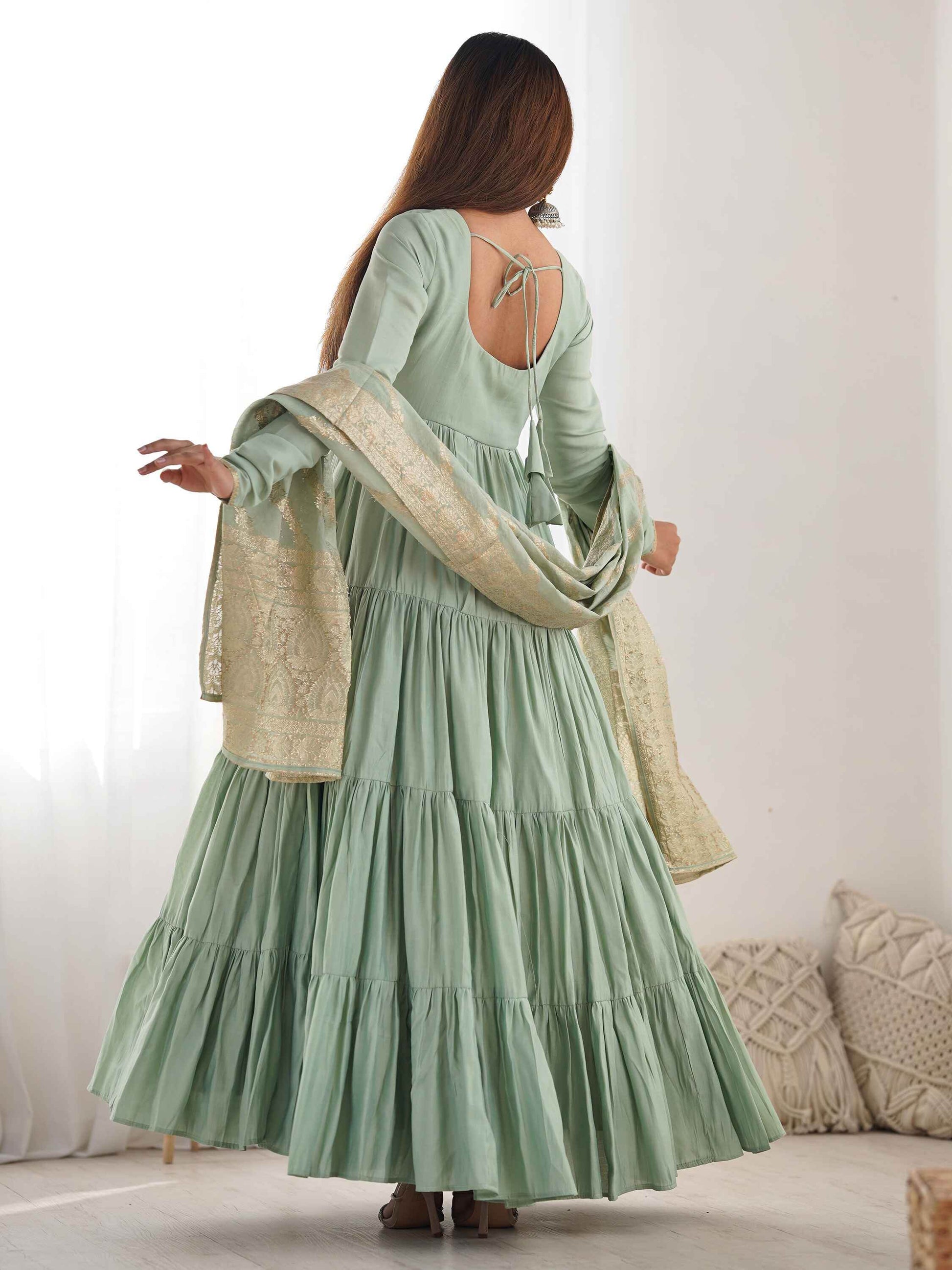 Stunning Pista Green Anarkali Suit With Banarasi Silk Dupatta - Zeel Clothing