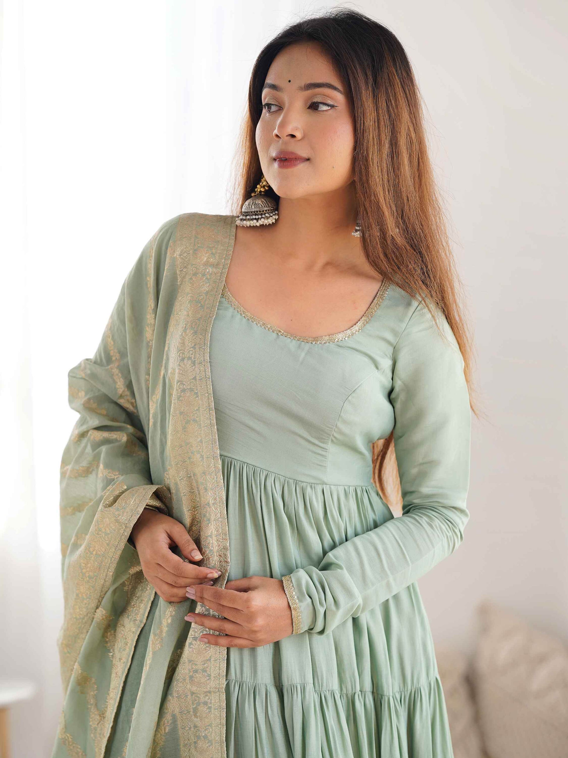 Stunning Pista Green Anarkali Suit With Banarasi Silk Dupatta - Zeel Clothing