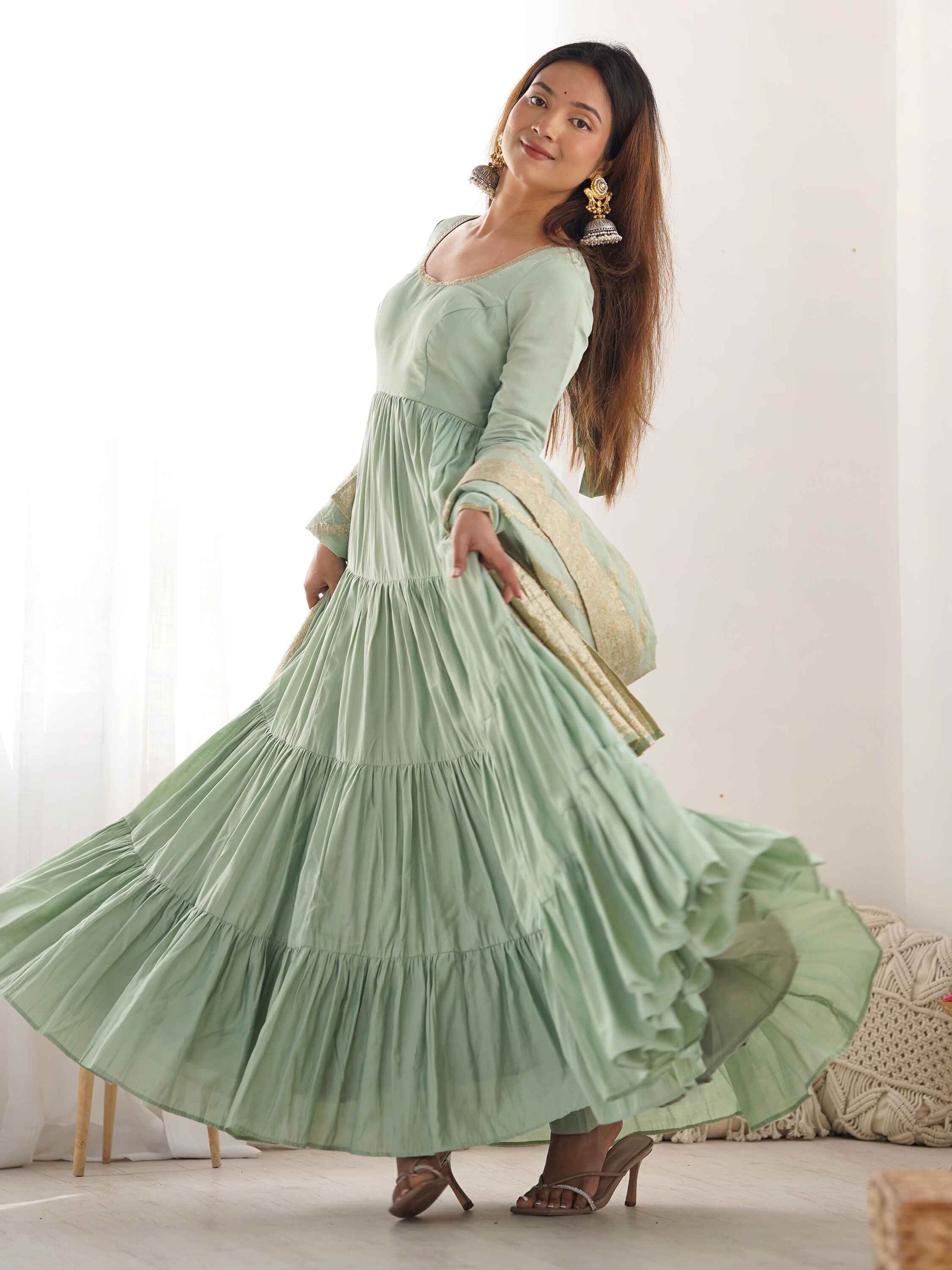 Stunning Pista Green Anarkali Suit With Banarasi Silk Dupatta - Zeel Clothing