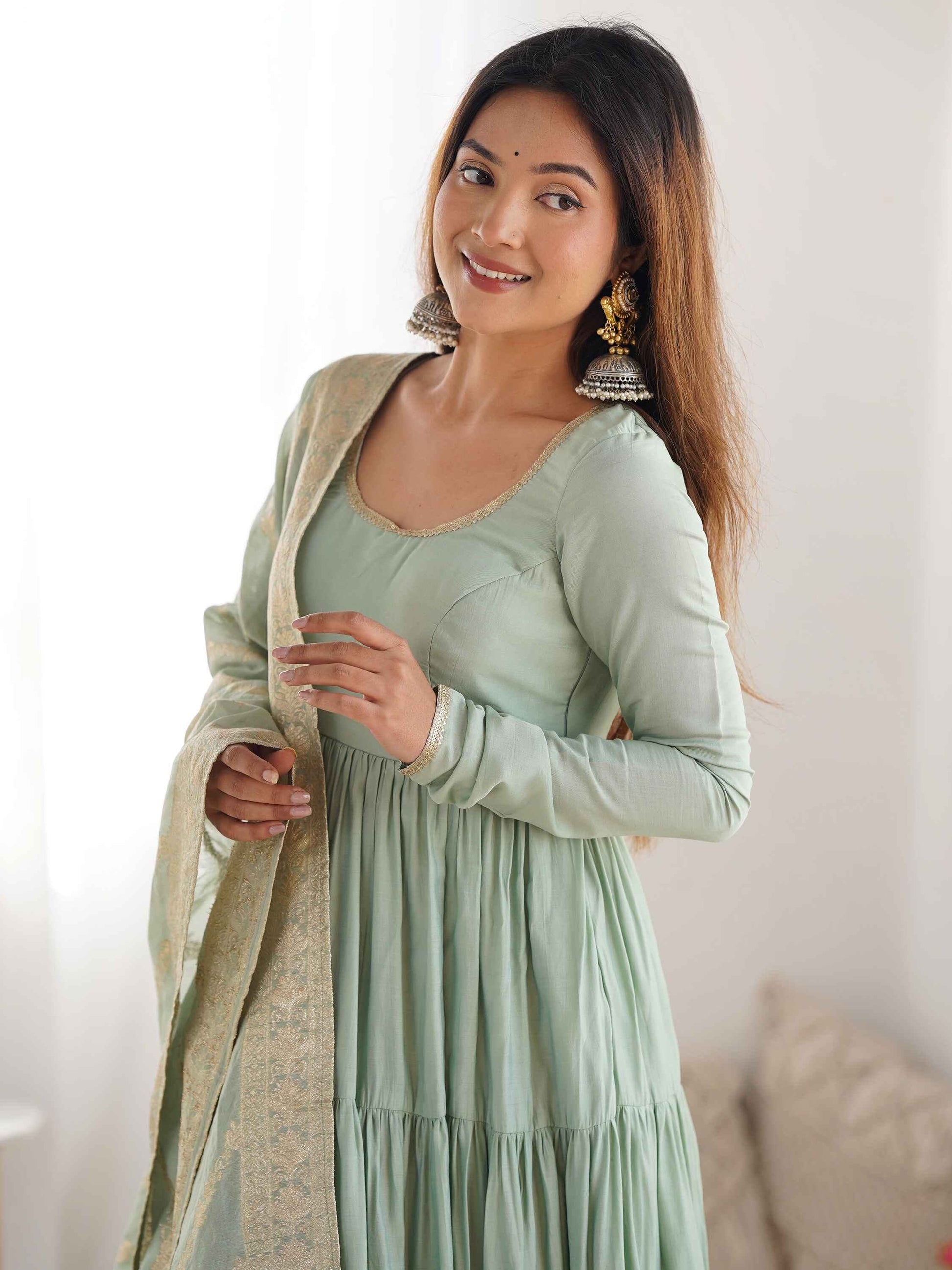 Stunning Pista Green Anarkali Suit With Banarasi Silk Dupatta - Zeel Clothing