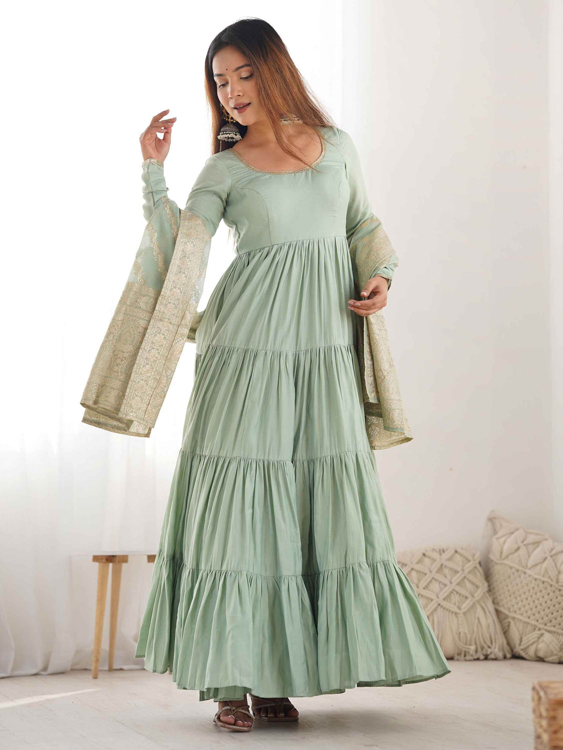 Stunning Pista Green Anarkali Suit With Banarasi Silk Dupatta - Zeel Clothing