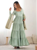 Stunning Pista Green Anarkali Suit With Banarasi Silk Dupatta - Zeel Clothing
