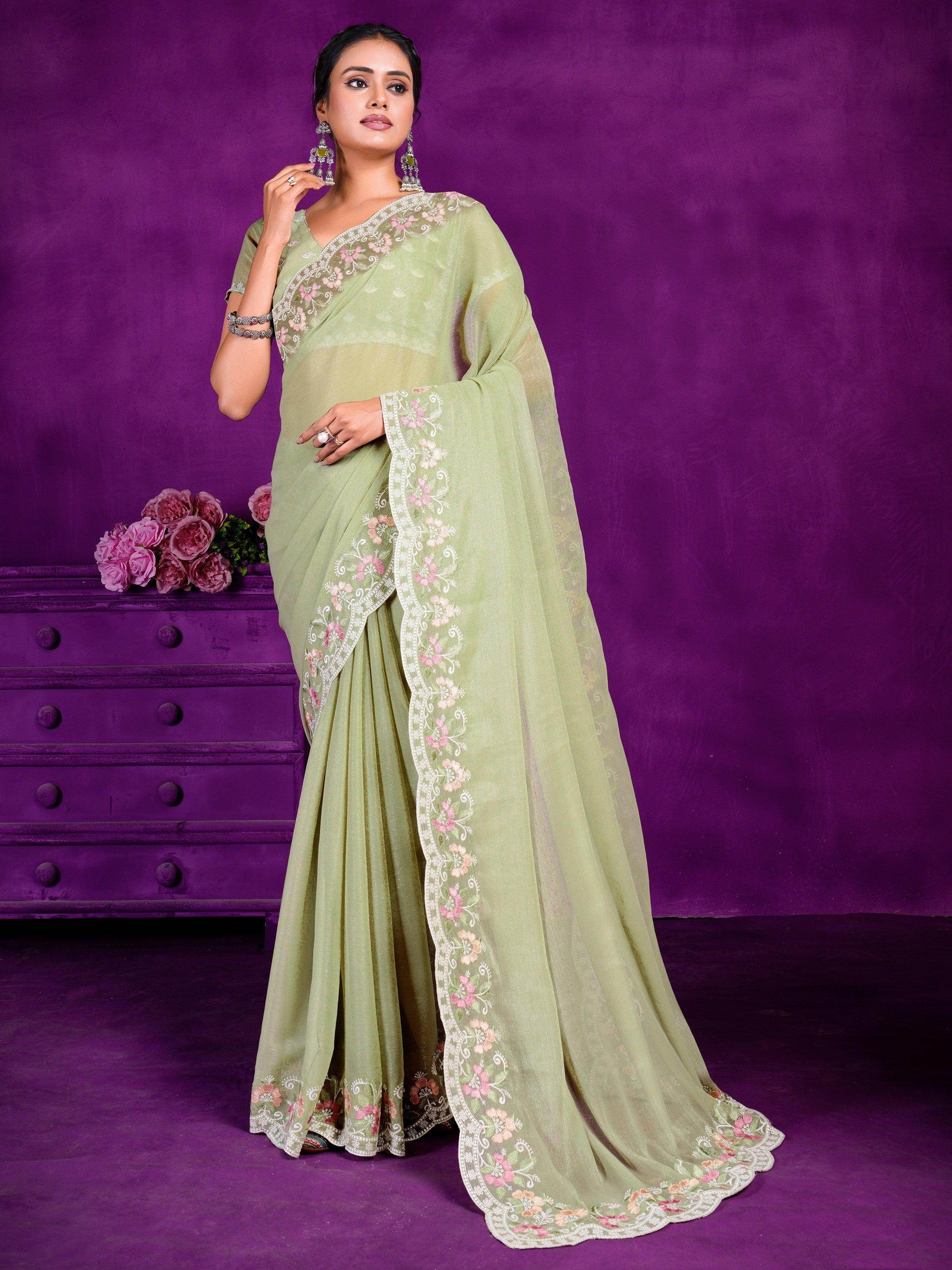 Stunning Pista Green Lace Work Chiffon Traditional Saree With Blouse - Zeel Clothing