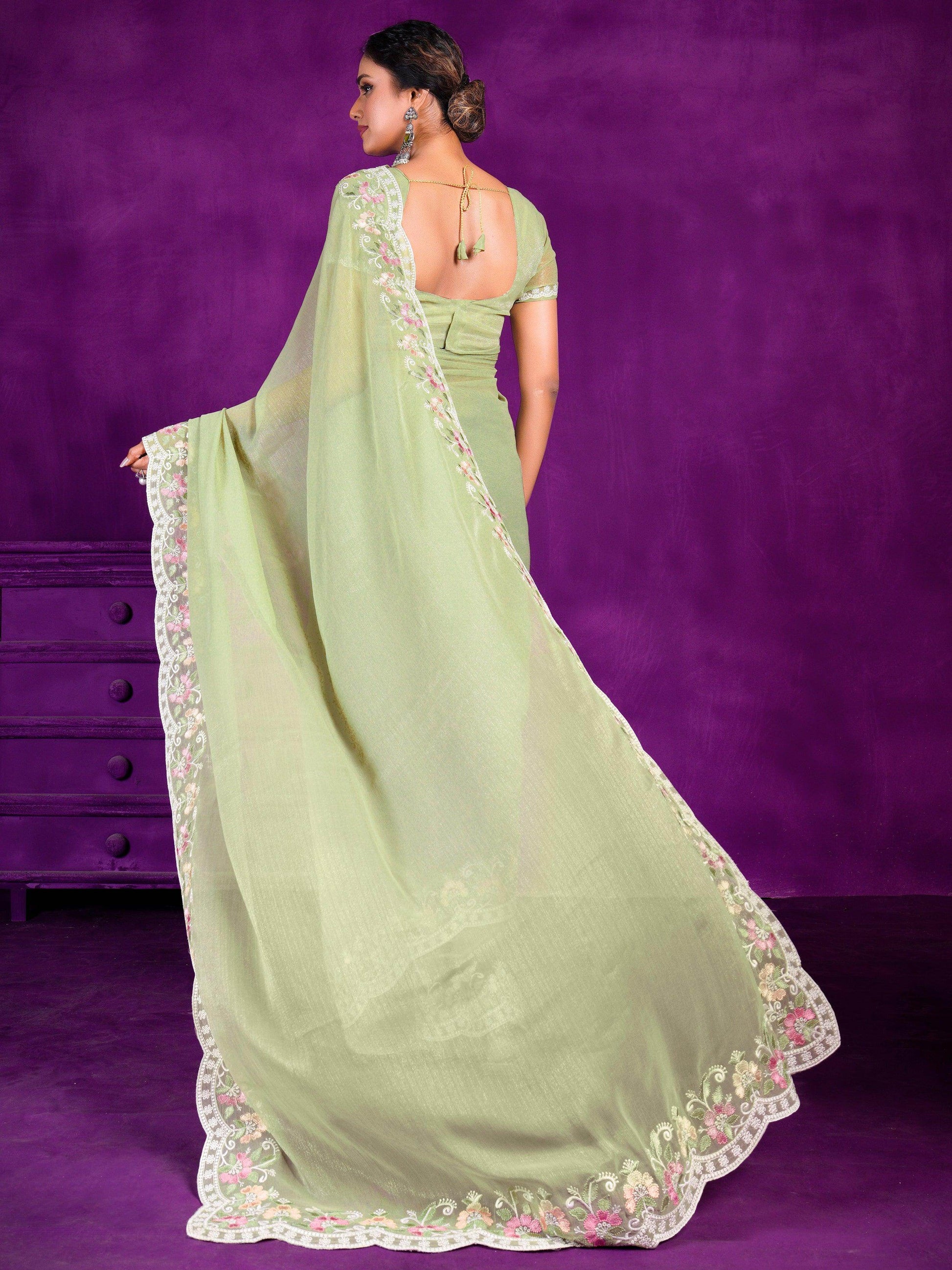 Stunning Pista Green Lace Work Chiffon Traditional Saree With Blouse - Zeel Clothing