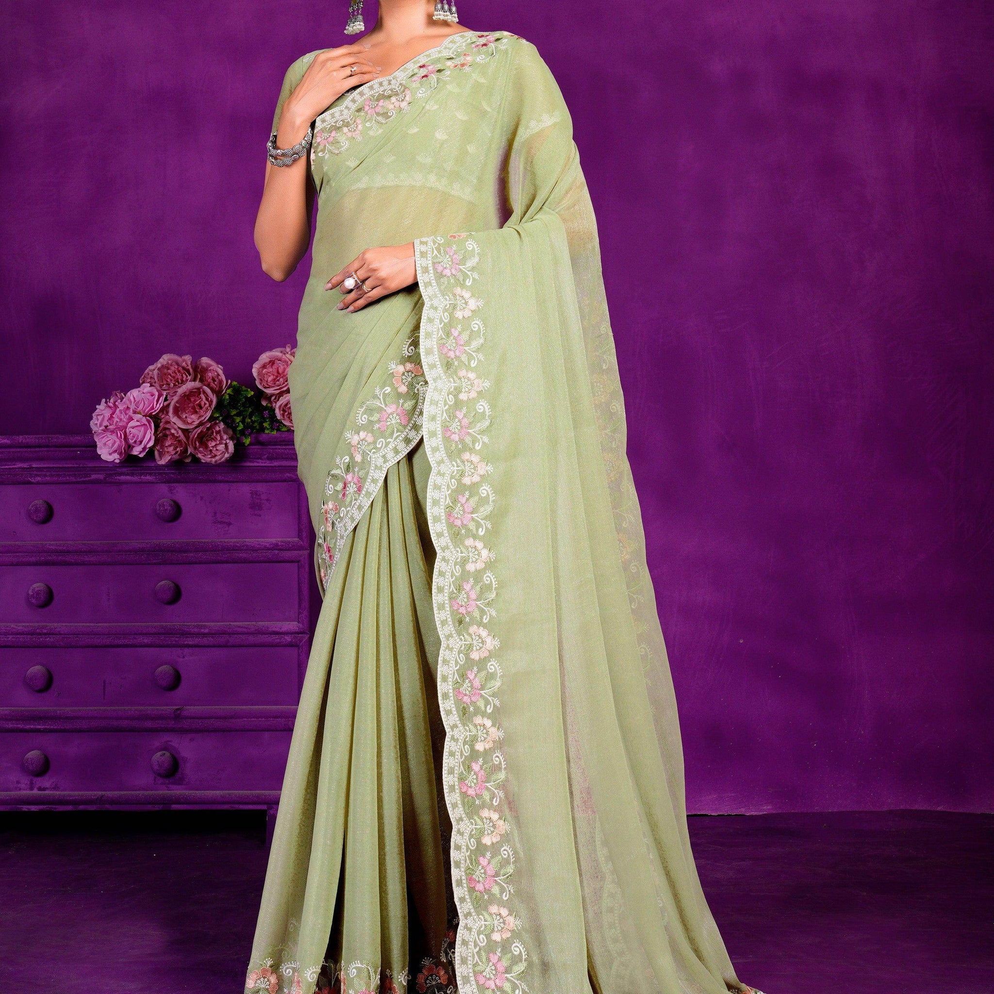 Stunning Pista Green Lace Work Chiffon Traditional Saree With Blouse - Zeel Clothing