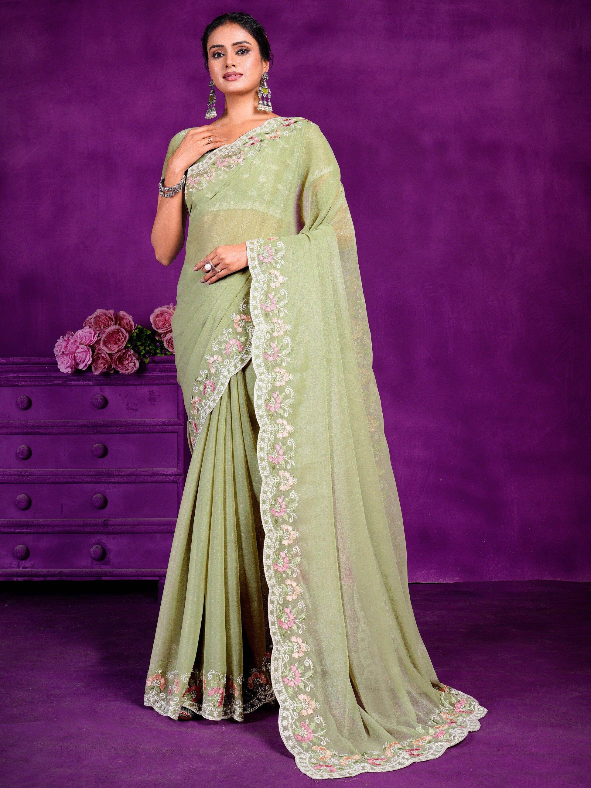 Stunning Pista Green Lace Work Chiffon Traditional Saree With Blouse - Zeel Clothing
