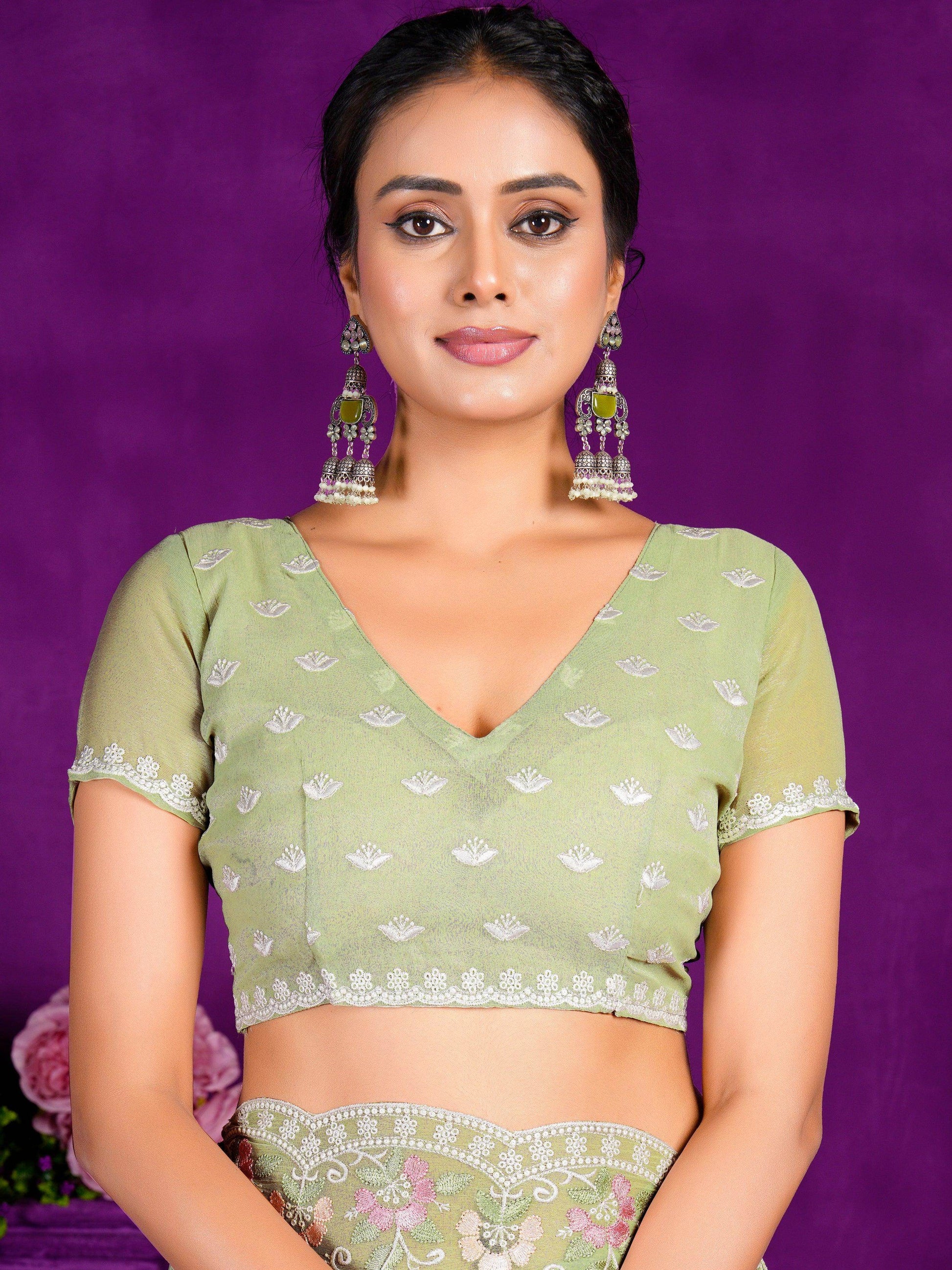 Stunning Pista Green Lace Work Chiffon Traditional Saree With Blouse - Zeel Clothing