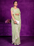 Stunning Pista Green Lace Work Chiffon Traditional Saree With Blouse - Zeel Clothing