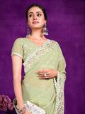Stunning Pista Green Lace Work Chiffon Traditional Saree With Blouse - Zeel Clothing