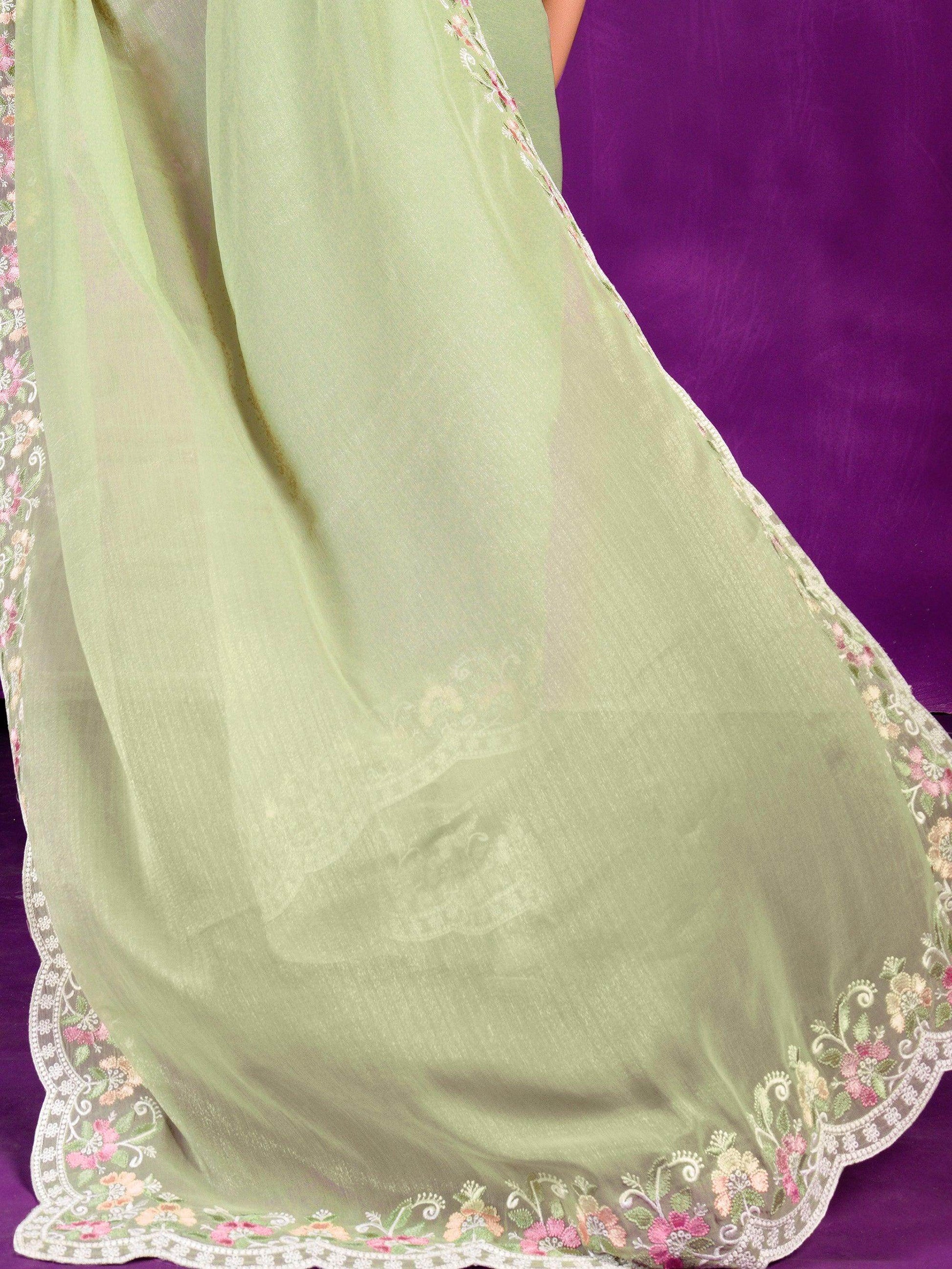 Stunning Pista Green Lace Work Chiffon Traditional Saree With Blouse - Zeel Clothing