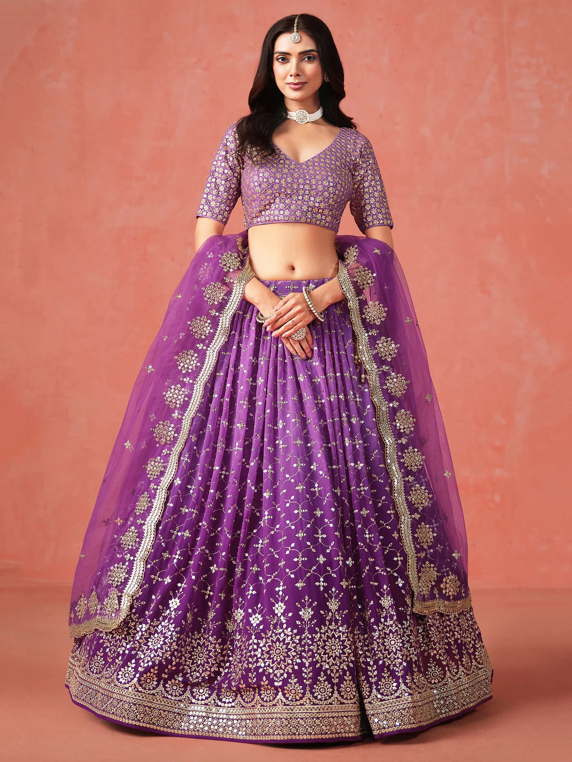 Stunning Purple Ceremonial Wear Georgette Lehenga Choli With Dupatta - Zeel Clothing