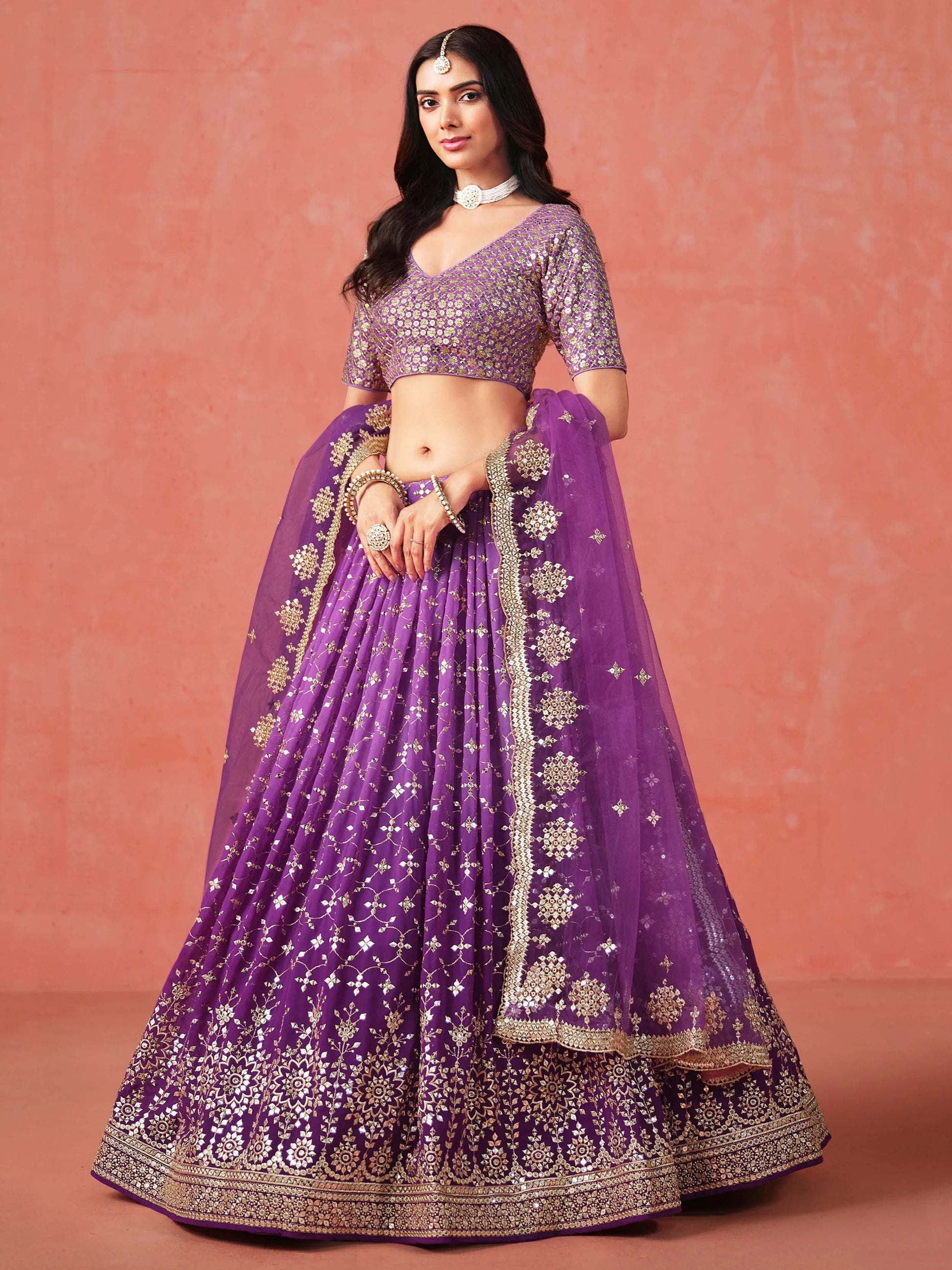 Stunning Purple Ceremonial Wear Georgette Lehenga Choli With Dupatta - Zeel Clothing