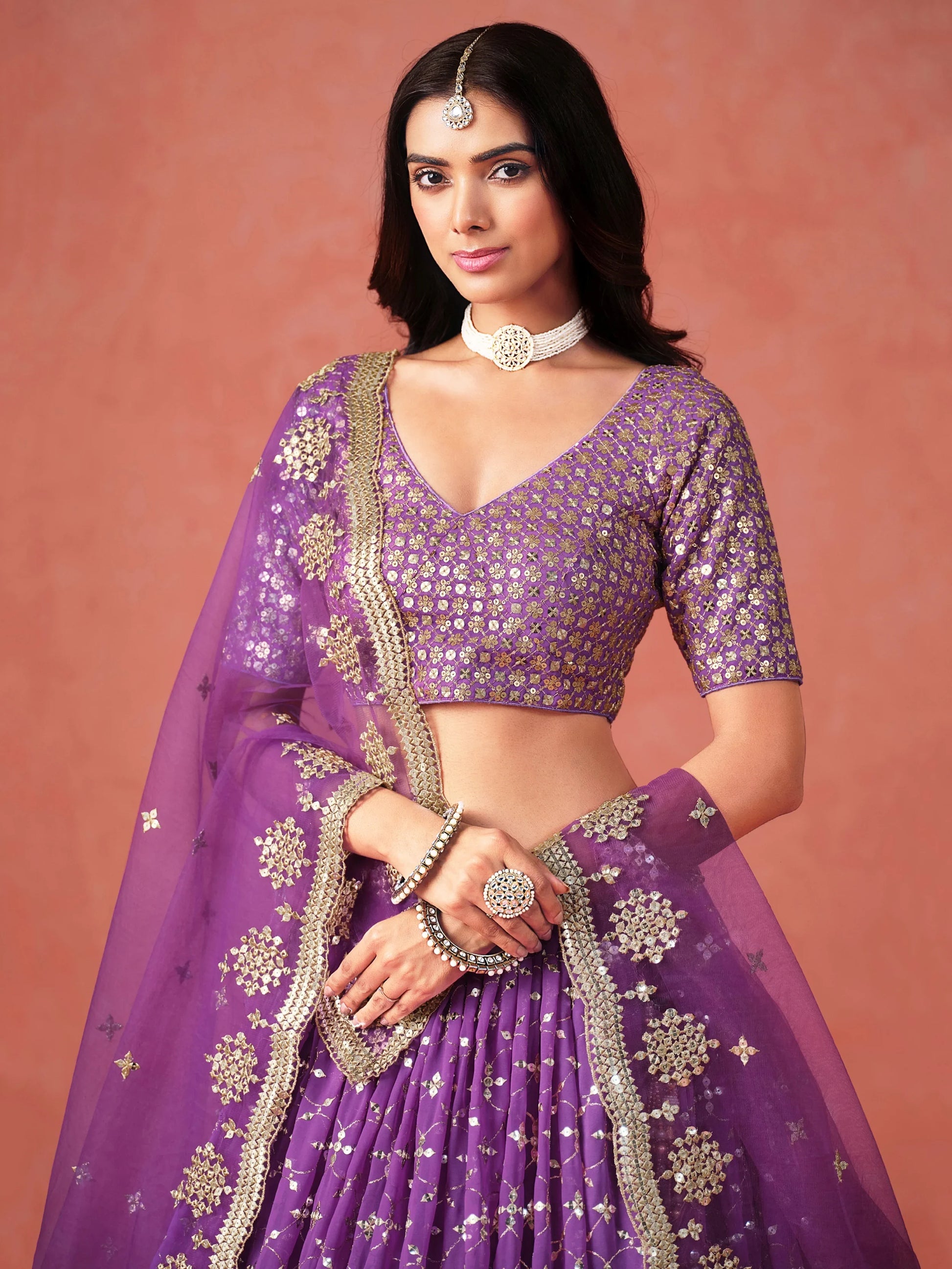 Stunning Purple Ceremonial Wear Georgette Lehenga Choli With Dupatta - Zeel Clothing