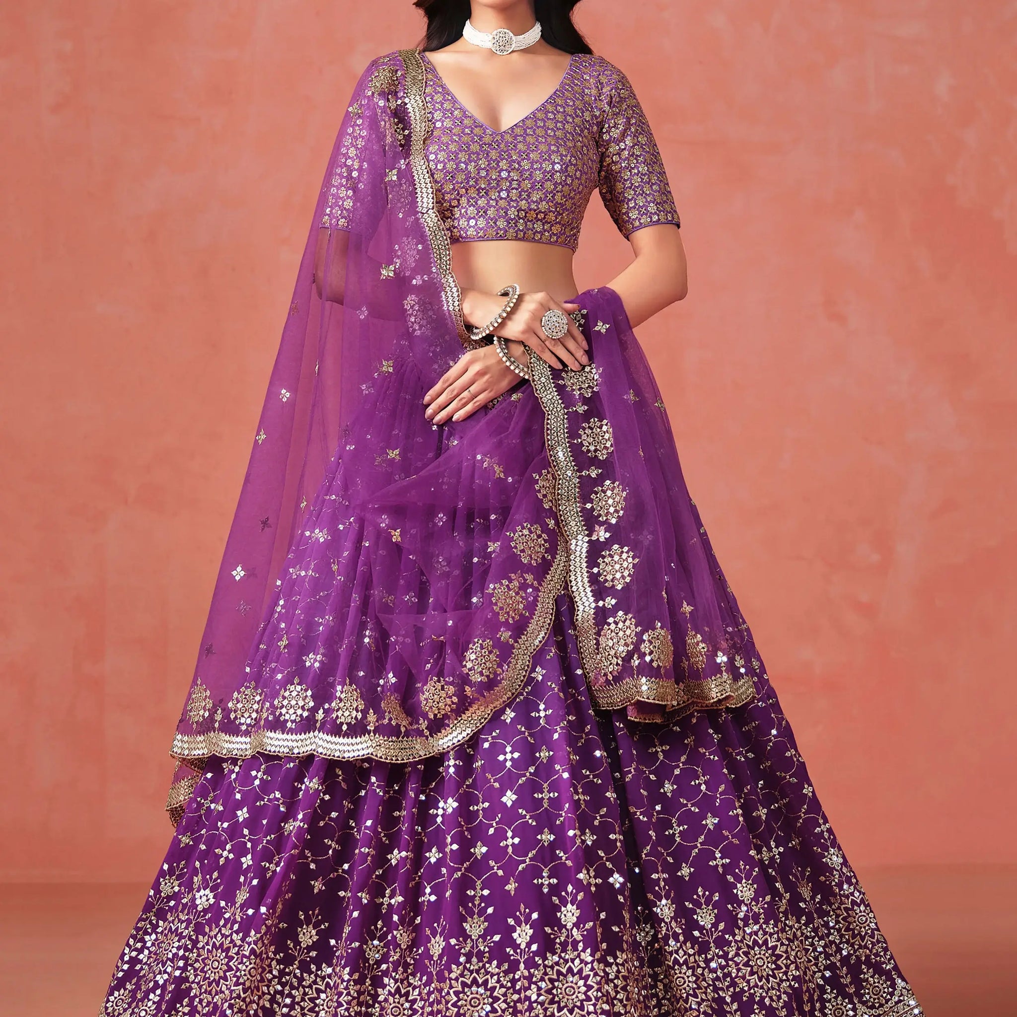 Stunning Purple Ceremonial Wear Georgette Lehenga Choli With Dupatta - Zeel Clothing