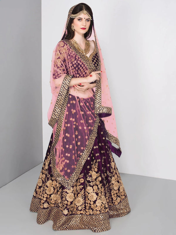 Stunning Purple Colored Partywear Embroidered Lehenga Choli