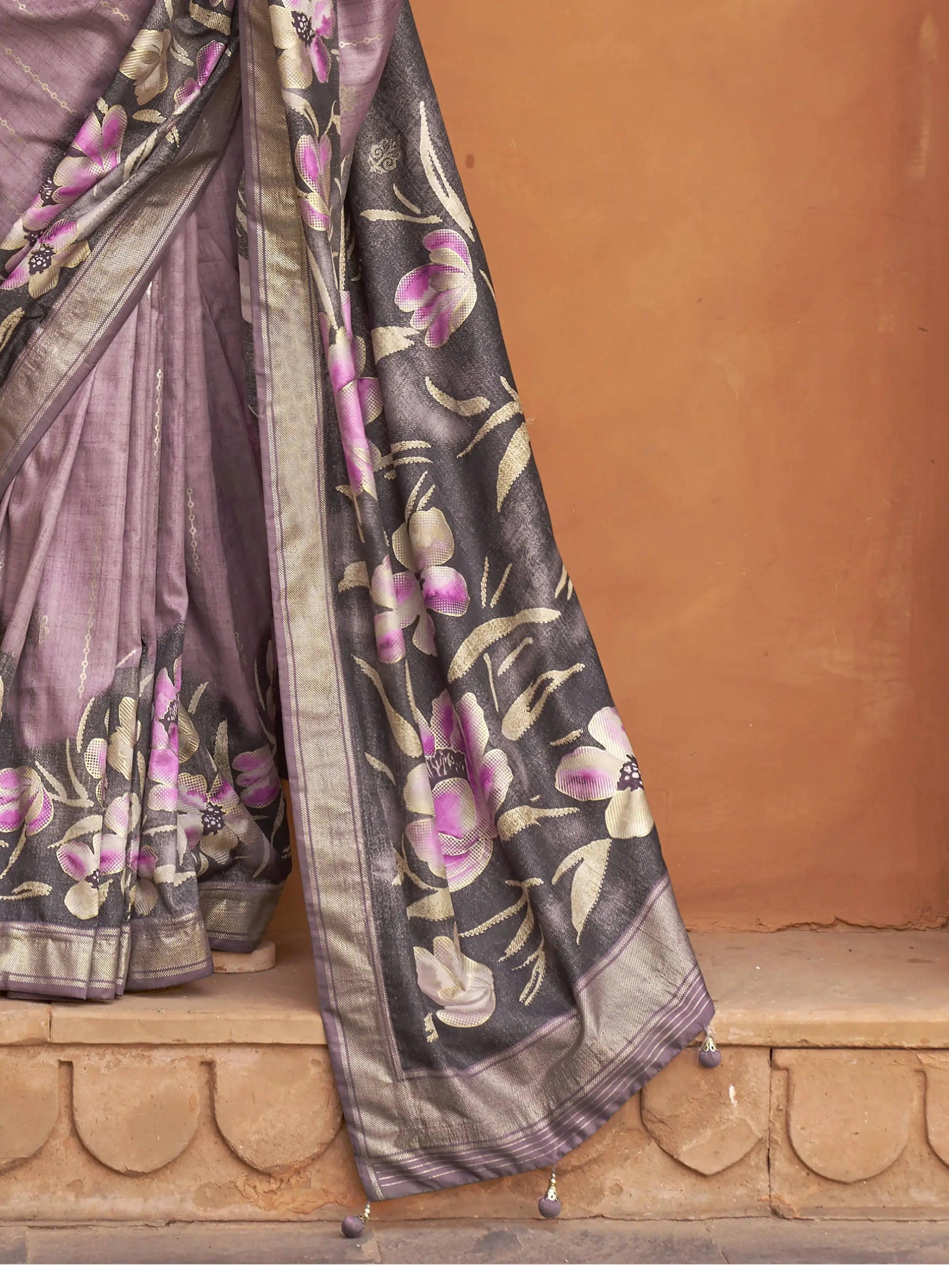 Stunning Purple Floral Printed Silk Wedding Wear Saree With Blouse - Zeel Clothing