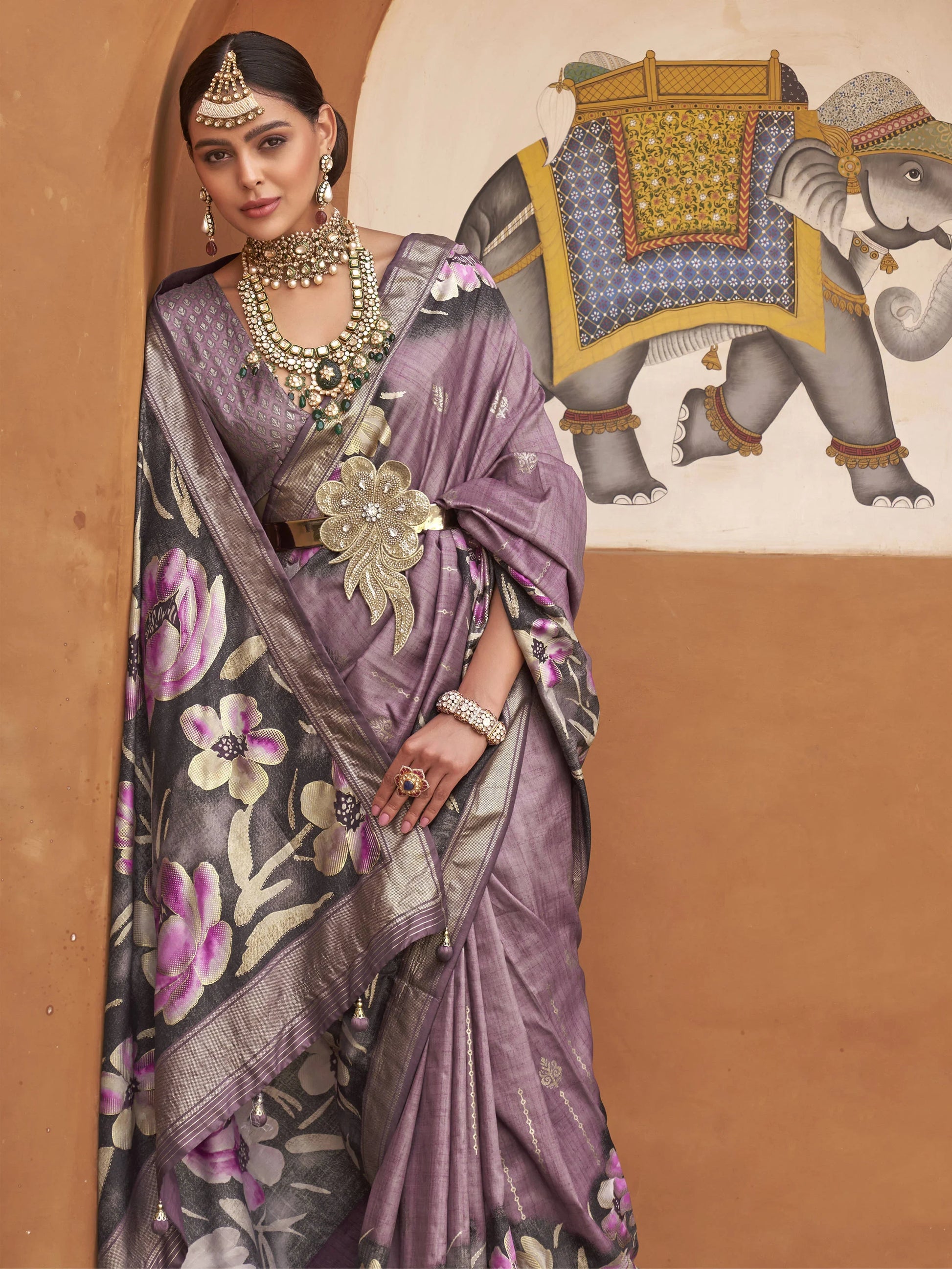 Stunning Purple Floral Printed Silk Wedding Wear Saree With Blouse - Zeel Clothing